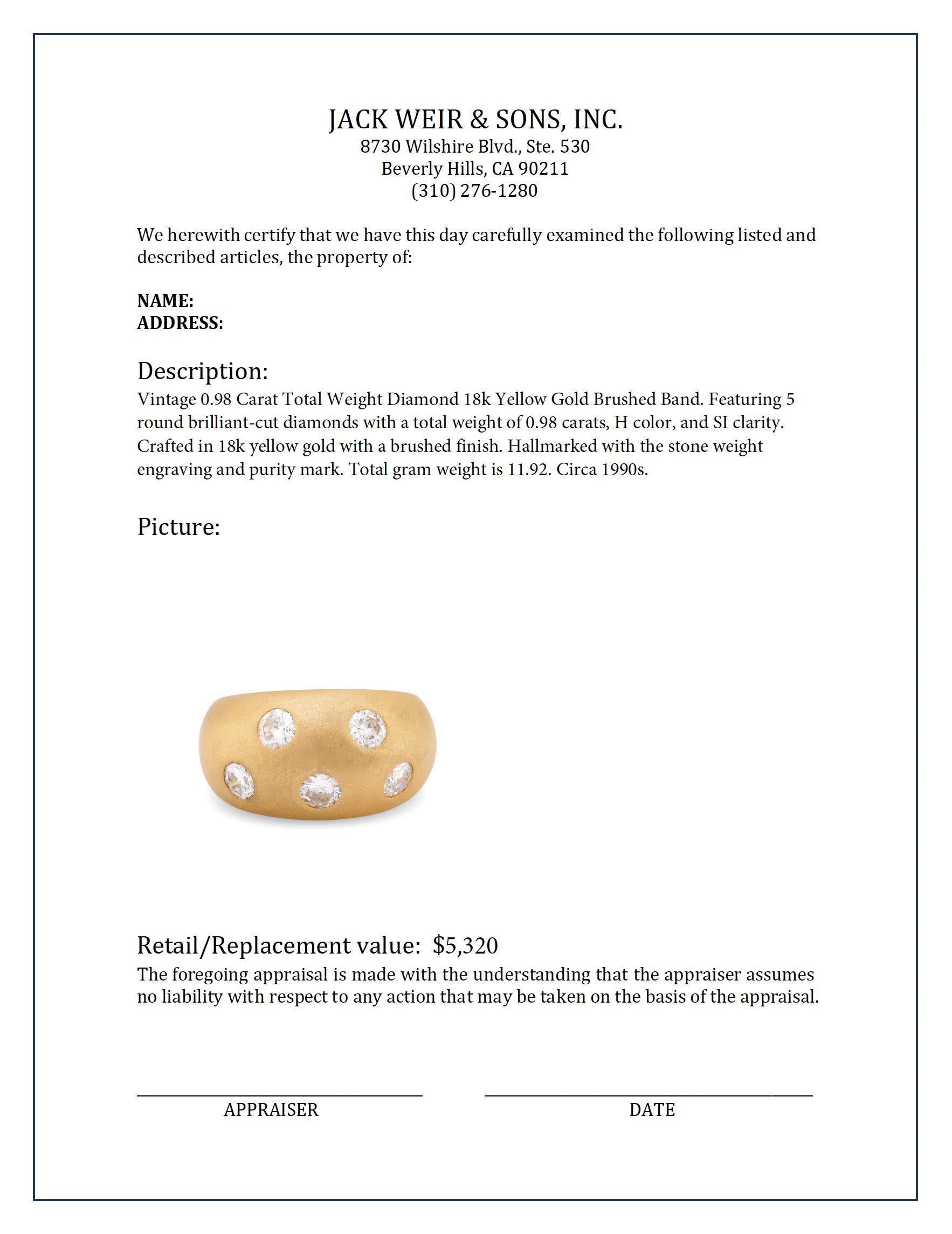 Vintage .98 Karat Gesamtgewicht Diamant 18k Gelbgold gebürstetes Band im Zustand „Hervorragend“ in Beverly Hills, CA