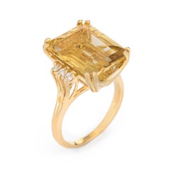 Vintage 9 Carat Citrine Ring Diamond 14k Yellow Gold Emerald Cut Fine Jewelry