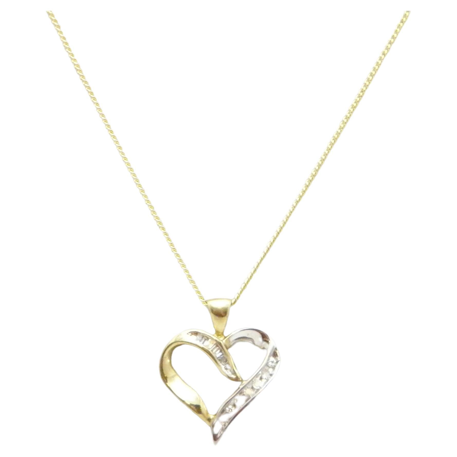 Vintage 9ct Gold 0.25 Cttw Diamond Heart Pendant Necklace Curb Chain 375 20 Inch For Sale