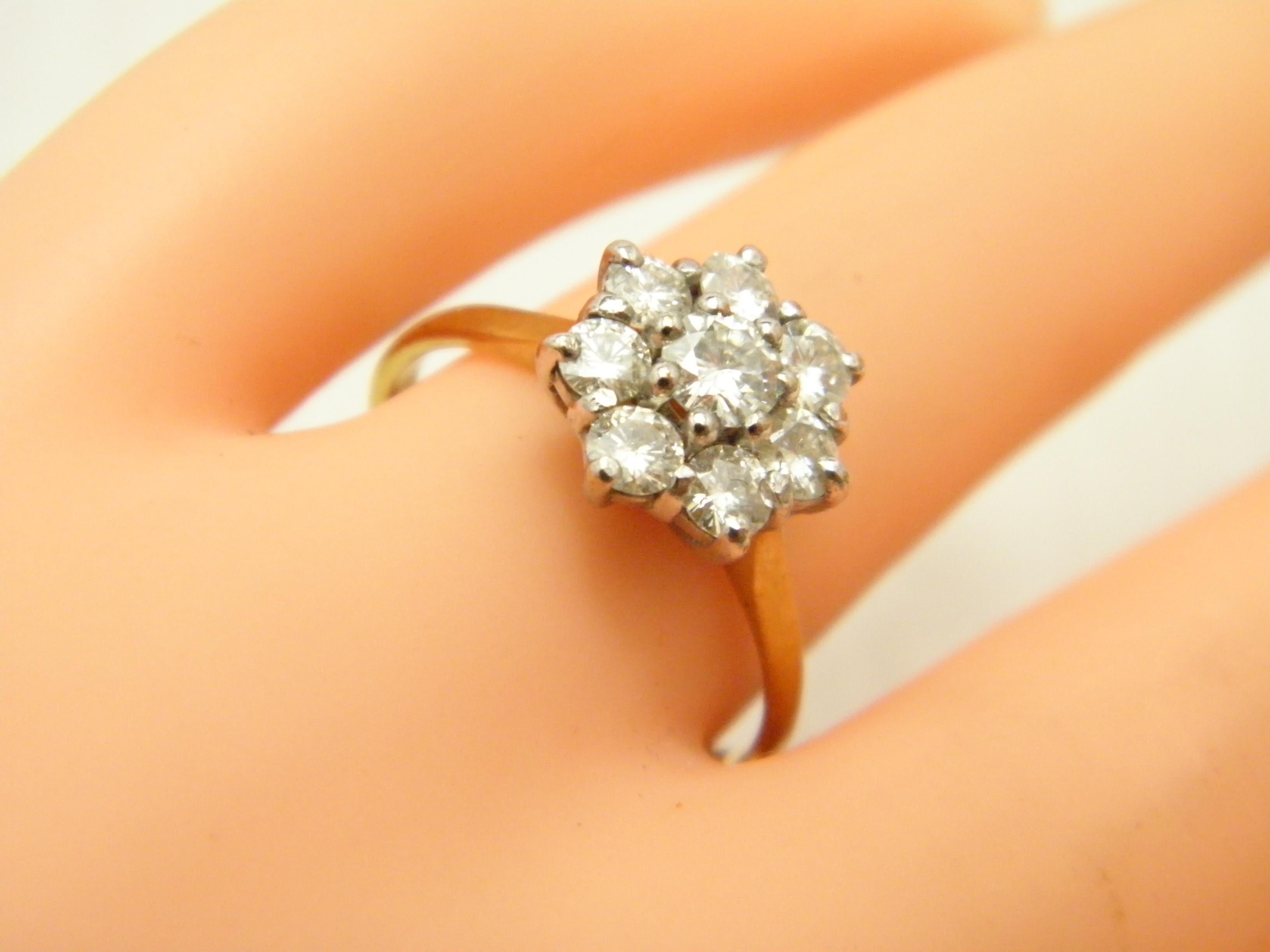 Vintage 9ct Gold 1.0Cttw Diamond Daisy Cluster Engagement Ring 375 Size P 7.75 For Sale 1