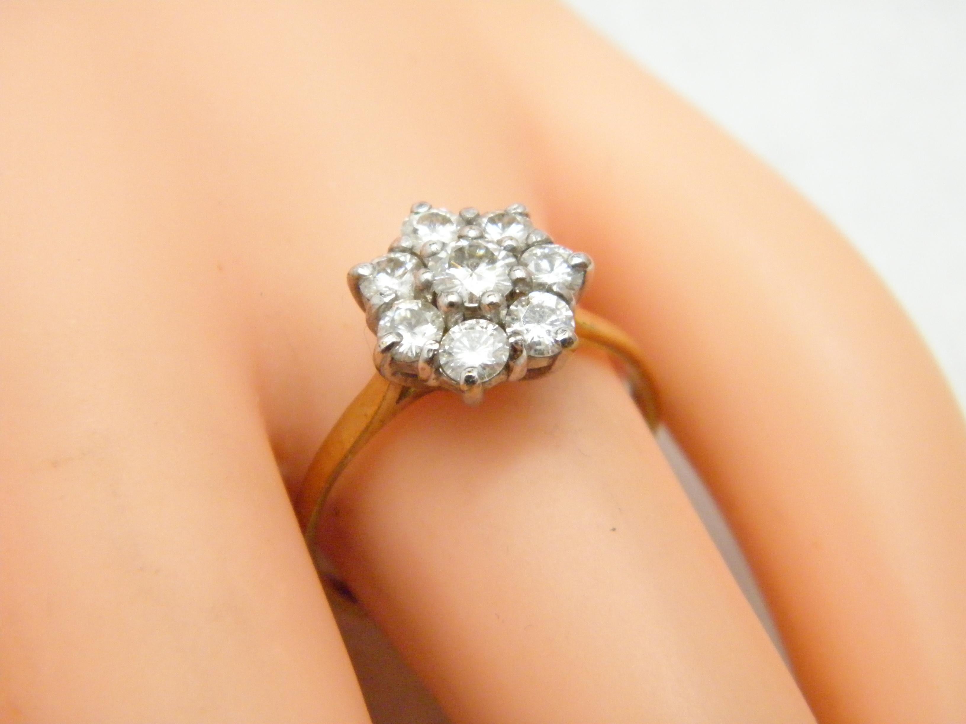Vintage 9ct Gold 1.0Cttw Diamond Daisy Cluster Engagement Ring 375 Size P 7.75 For Sale 2