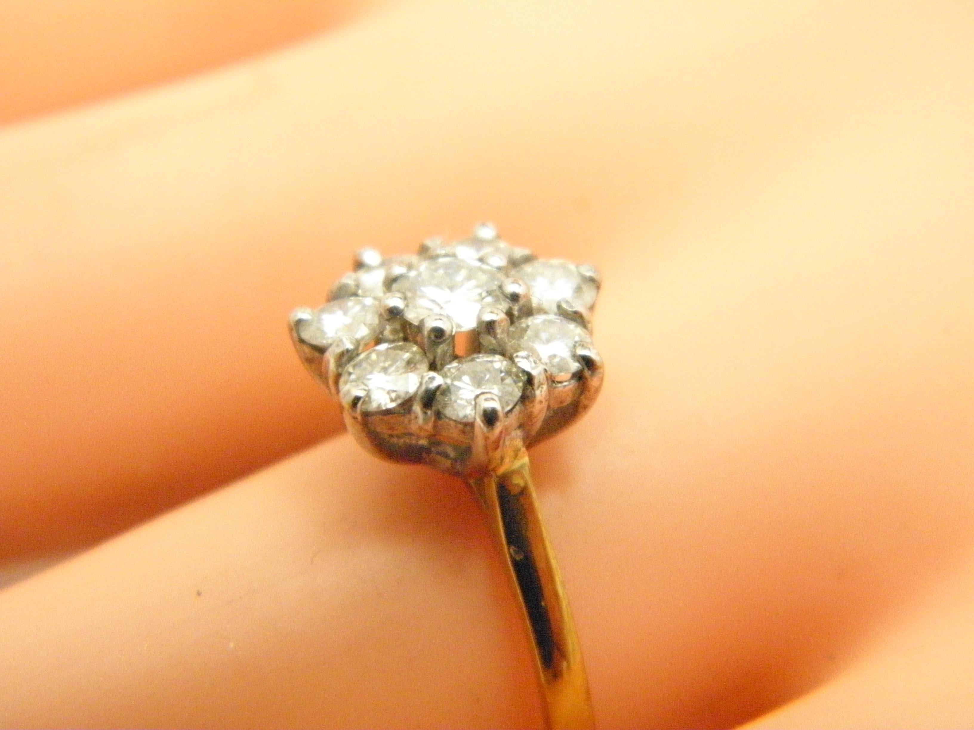 Vintage 9ct Gold 1.0Cttw Diamond Daisy Cluster Engagement Ring 375 Size P 7.75 For Sale 3