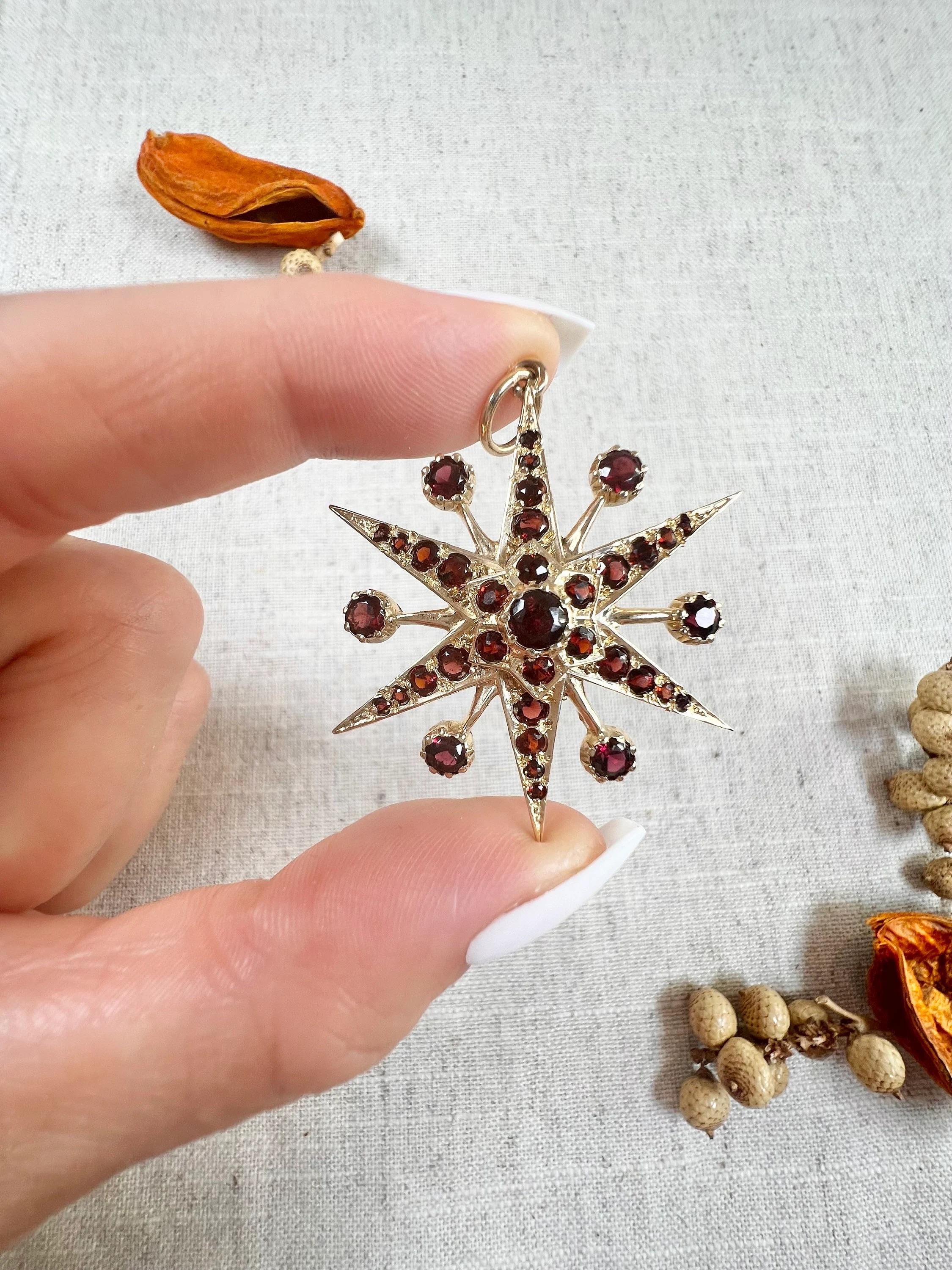 Vintage Starburst Pendant

9ct Gold Stamped

Circa 1960s

Makers Mark B J Ld

This stunning 9ct yellow gold pendant features a mesmerising garnet encrusted star at its centre and along each point of the starburst design. The intricate detailing in