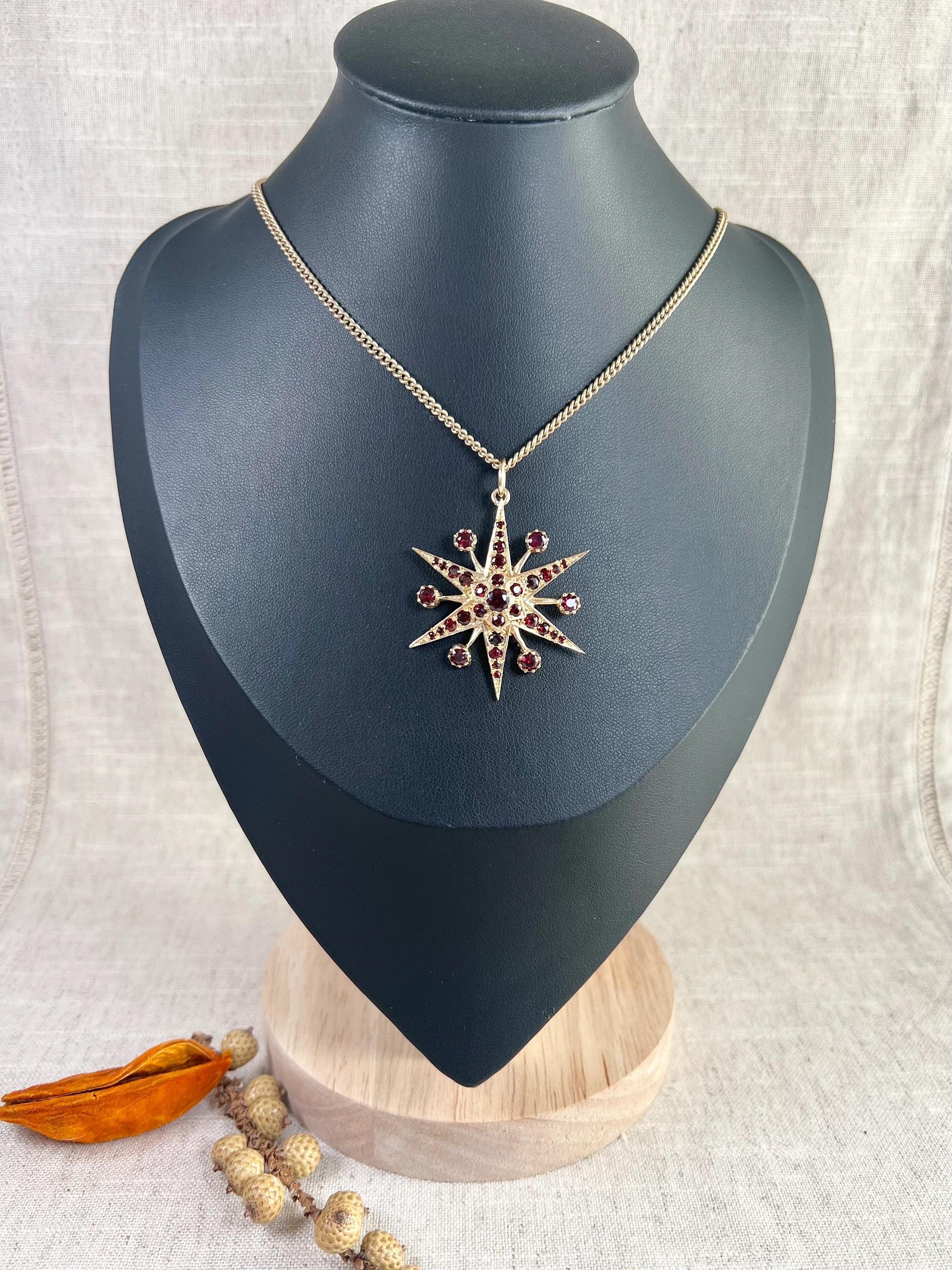 Vintage 9ct Gold 1960s Garnet Starburst Pendant For Sale 3