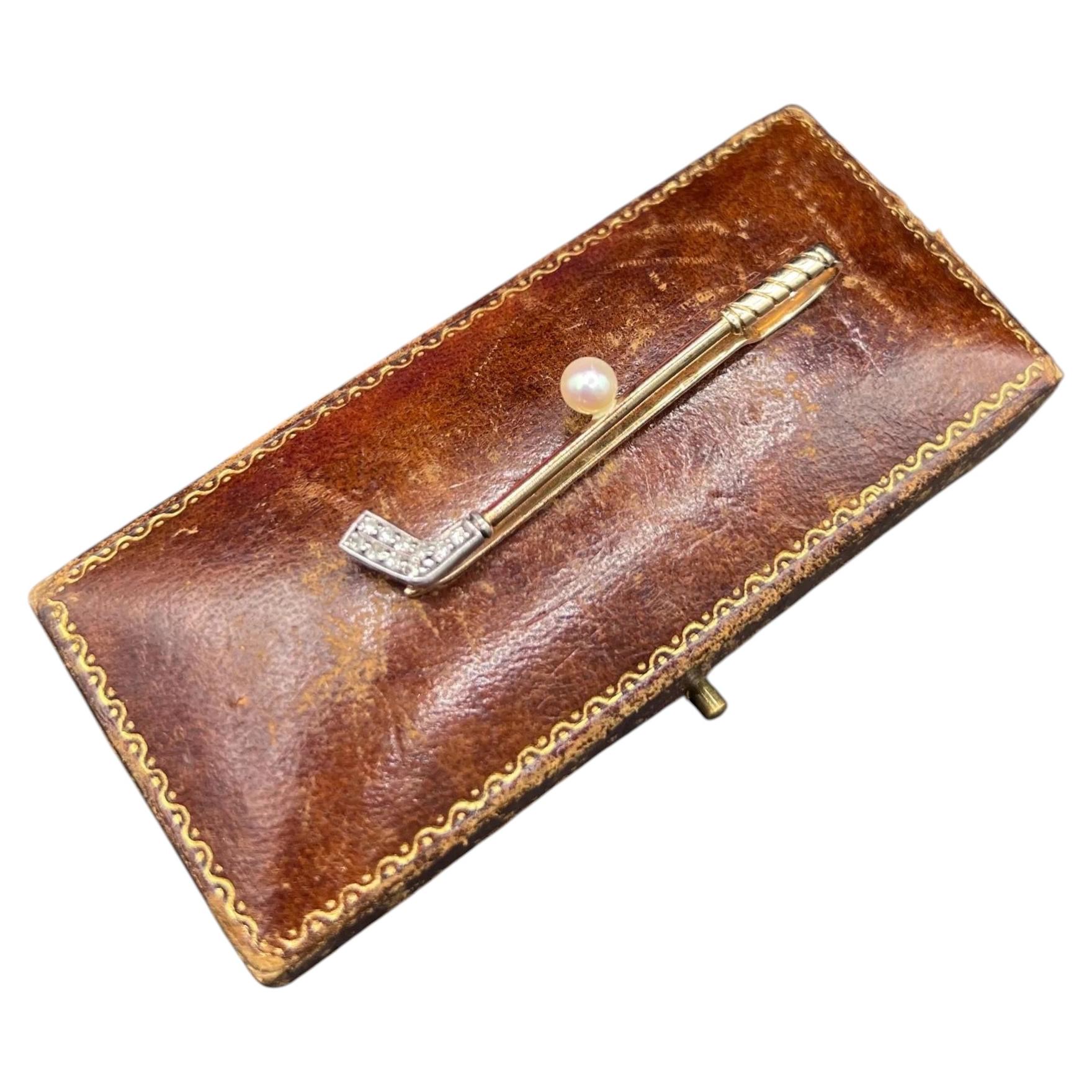 Fermacravatte vintage in oro 9ct, diamanti e perle degli anni '80 per golf club