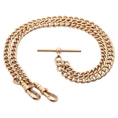 Vintage 9ct Gold 20" Curb Link Watch Chain Necklace w/ Sliding Bar & 2 Dog Clip