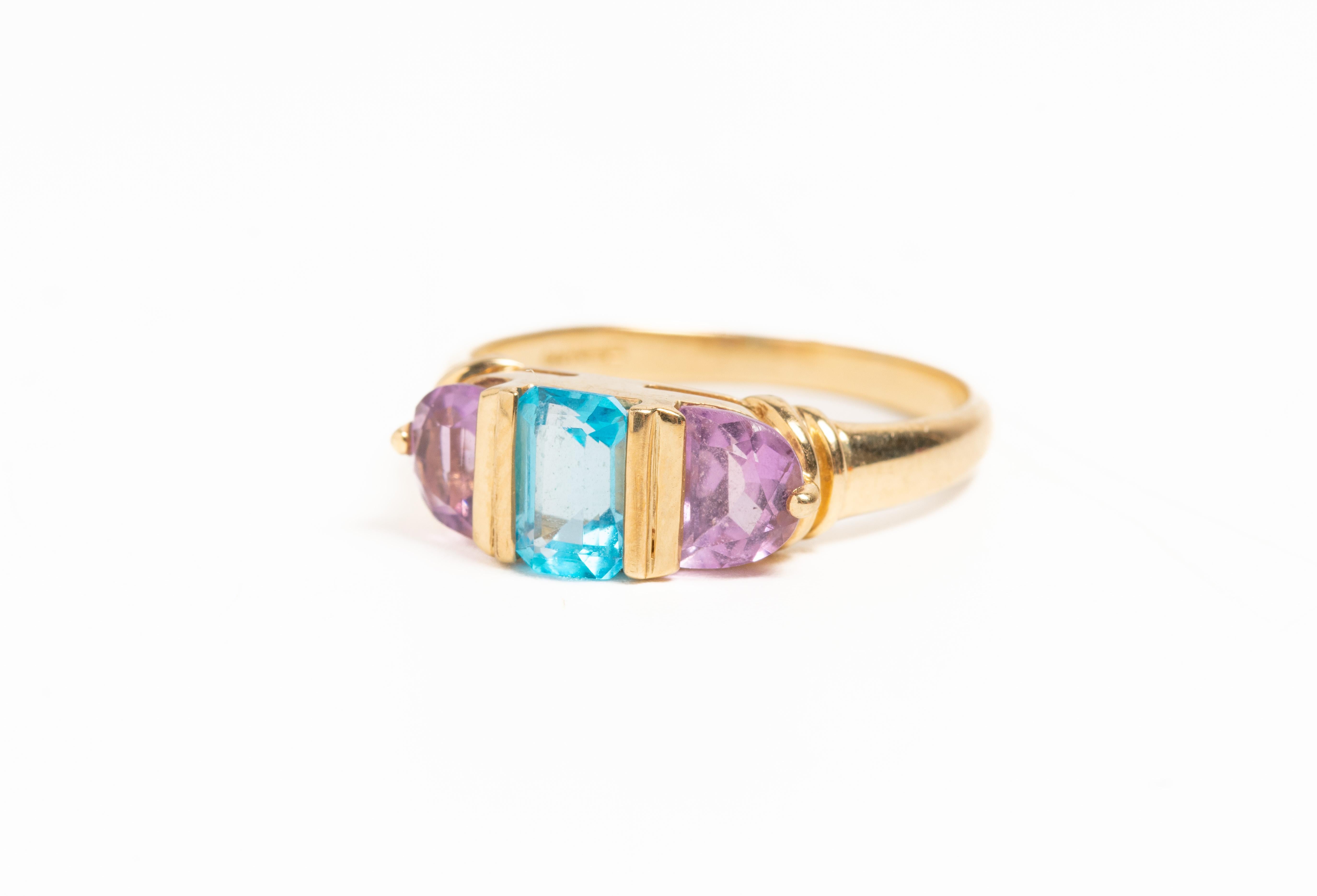 Baguette Cut Vintage 9ct Gold Amethyst and Topaz Three Stone Ring For Sale