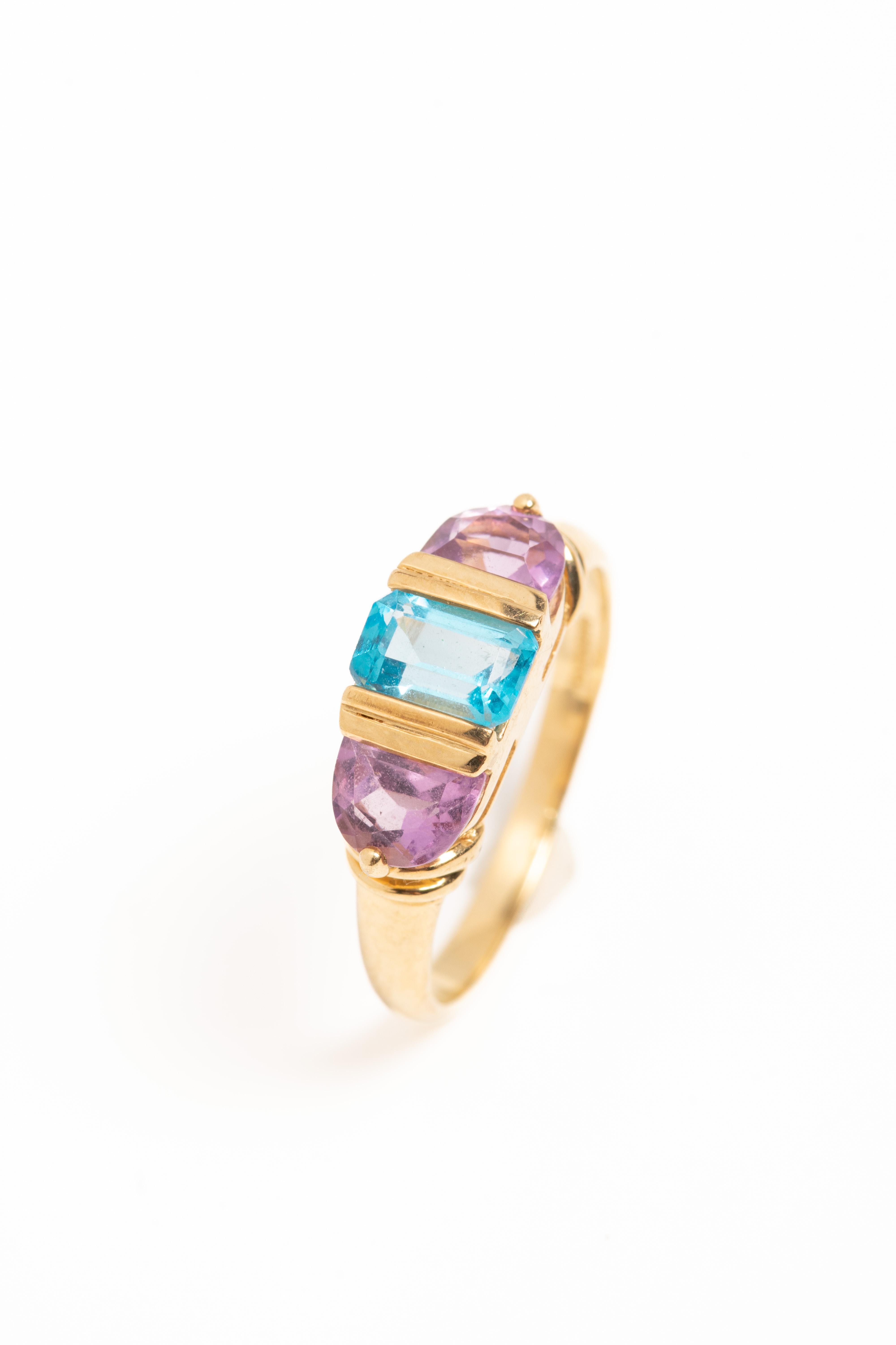 Vintage 9ct Gold Amethyst and Topaz Three Stone Ring For Sale 2