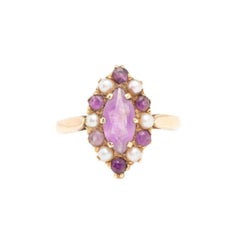 Vintage 9 Ct Gold Amethyst & Pearl Marquise Ring