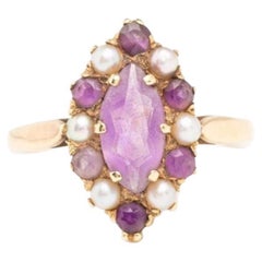 Vintage 9 Ct Gold Amethyst & Pearl Marquise Ring