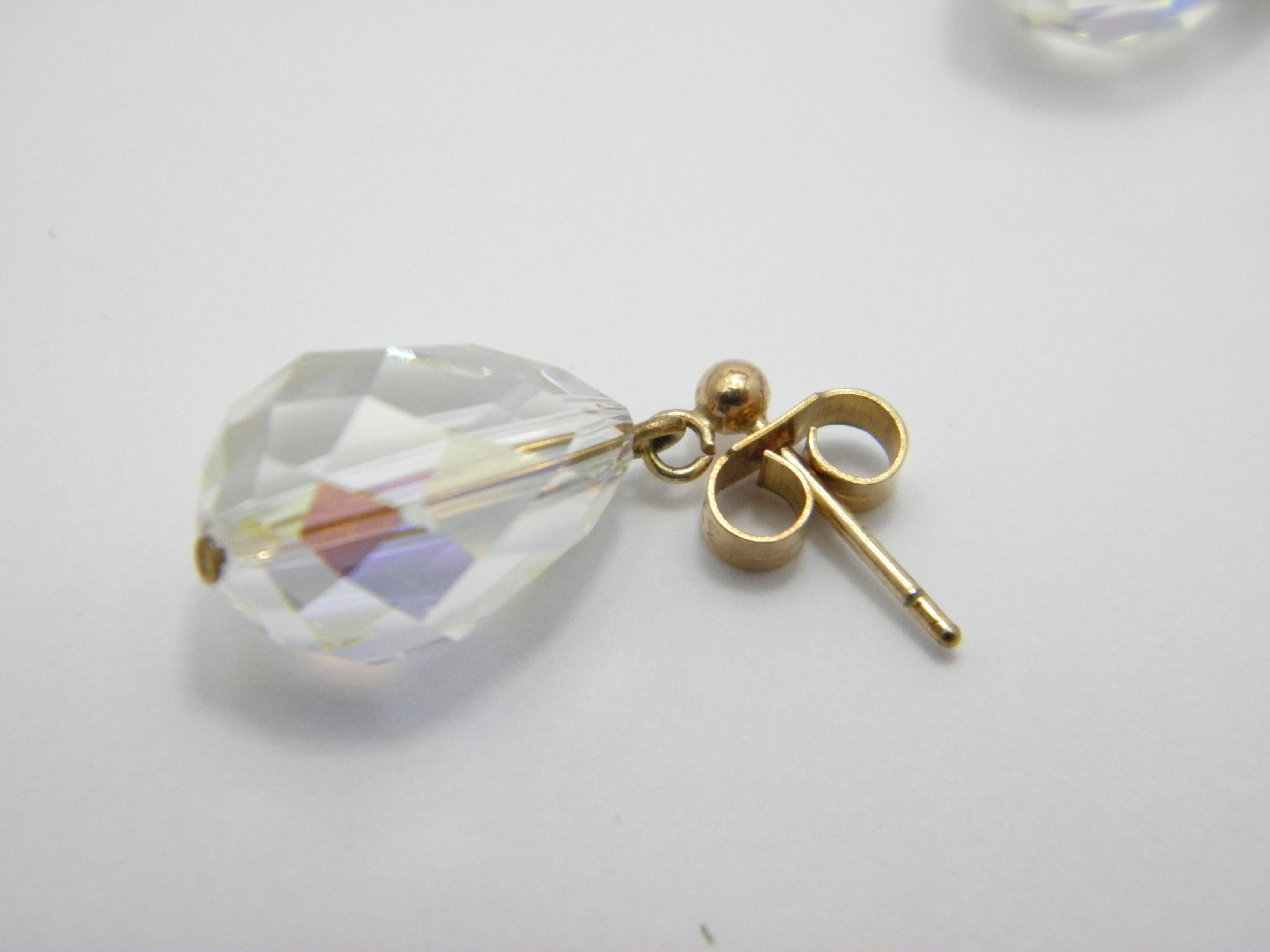Radiant Cut Vintage 9ct Gold Aurora Borealis Dangle Drop Earrings 375 Purity, Mystic Topaz For Sale