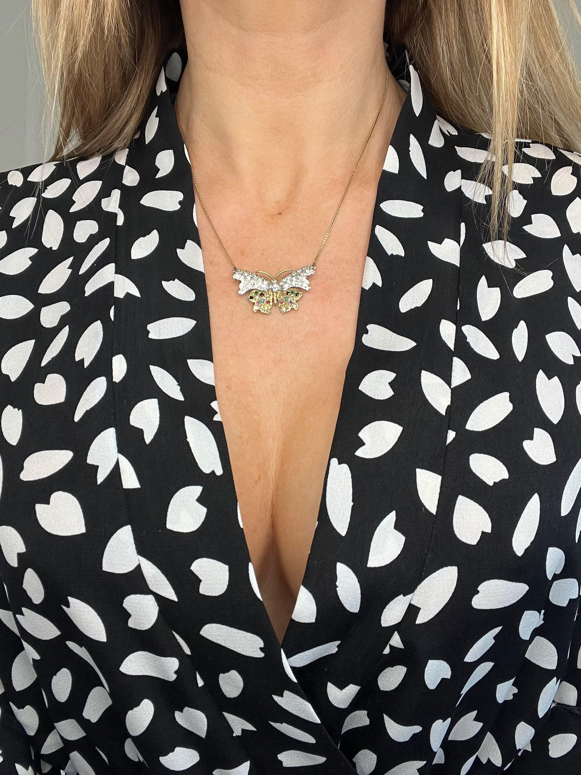 Vintage 9ct Gold Diamant & Edelstein Schmetterling Halskette im Zustand „Gut“ im Angebot in Brighton, GB
