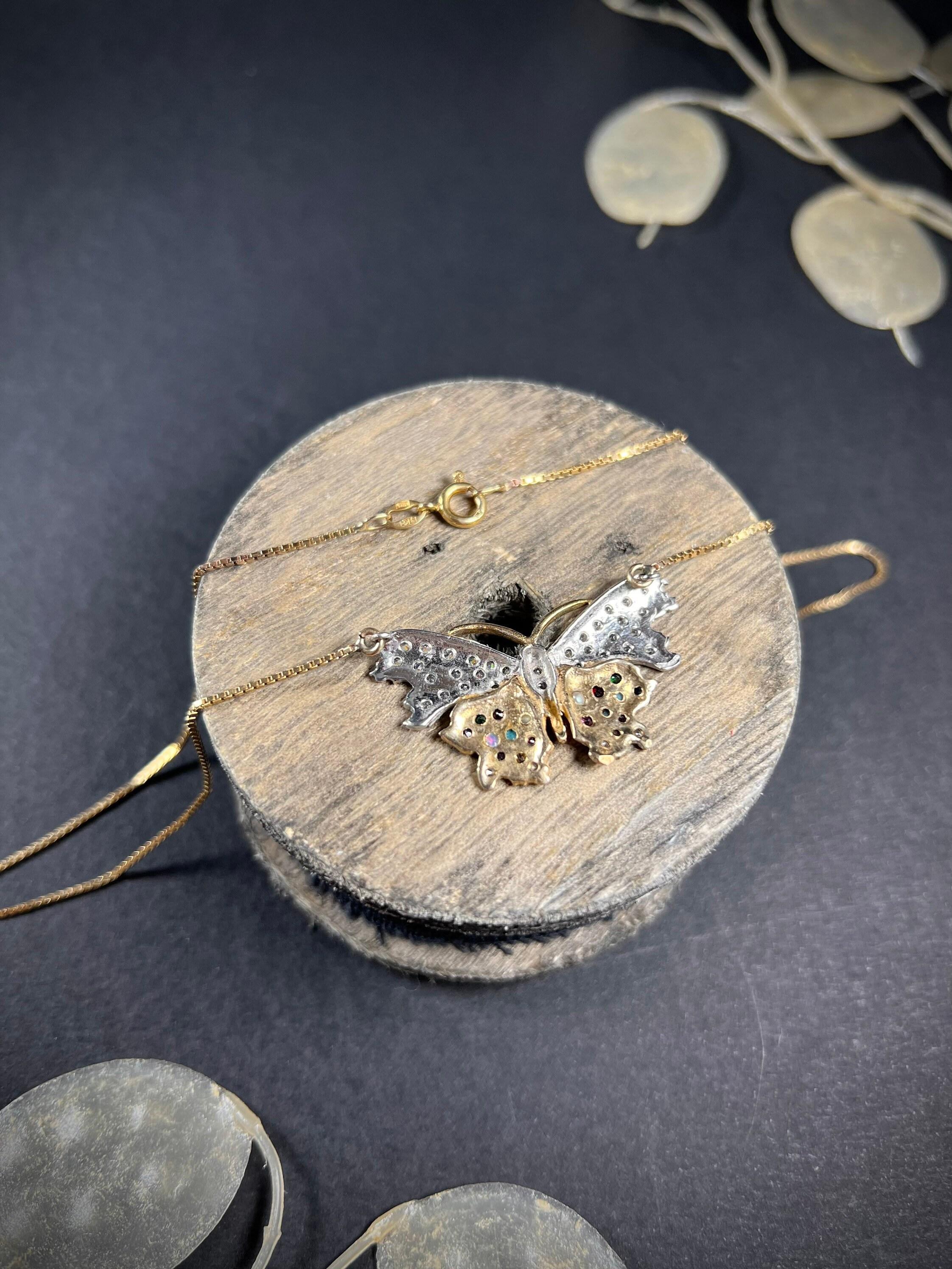 Vintage 9ct Gold Diamant & Edelstein Schmetterling Halskette im Angebot 1