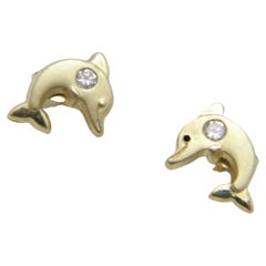 Vintage 9ct Gold Diamond Paste Dolphin Stud Earrings 375 Purity VGC