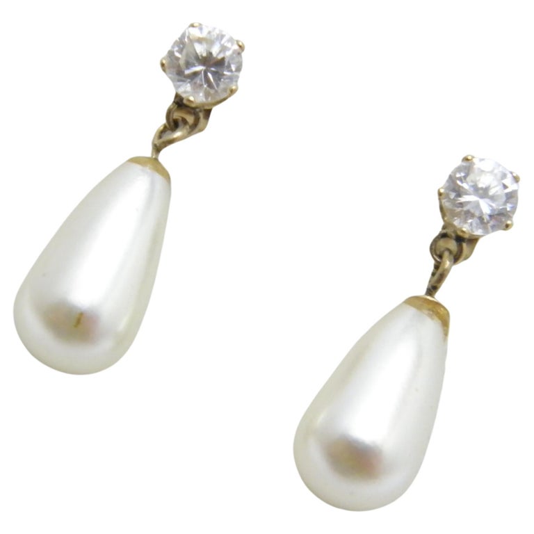 Vintage 9ct Gold Diamond Pearl Paste Drop Dangle Stud Earrings 375 Purity For Sale at 1stDibs