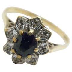 Vintage 9ct Gold Diamond Sapphire Cluster Statement Ring 375 Purity Size O 7.25