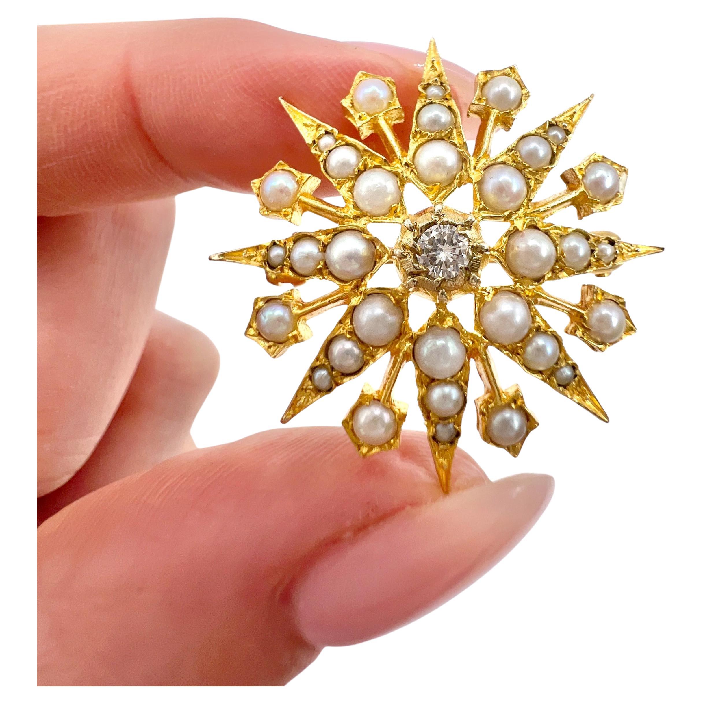Vintage 9ct Gold Diamond & Seed Pearl Star Brooch/Pendant Hallmarked London 1965