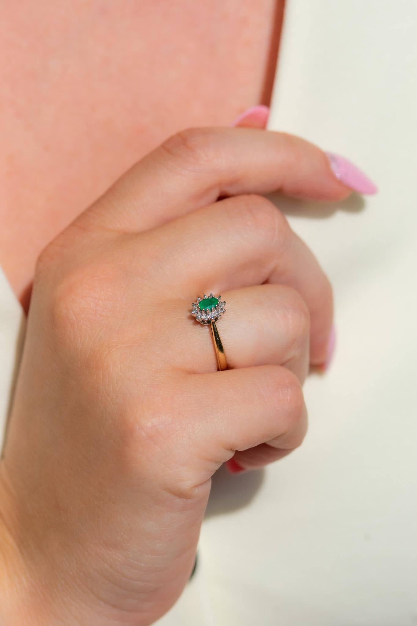 Women's Vintage 9ct Gold Emerald & Diamond Cluster Ring For Sale