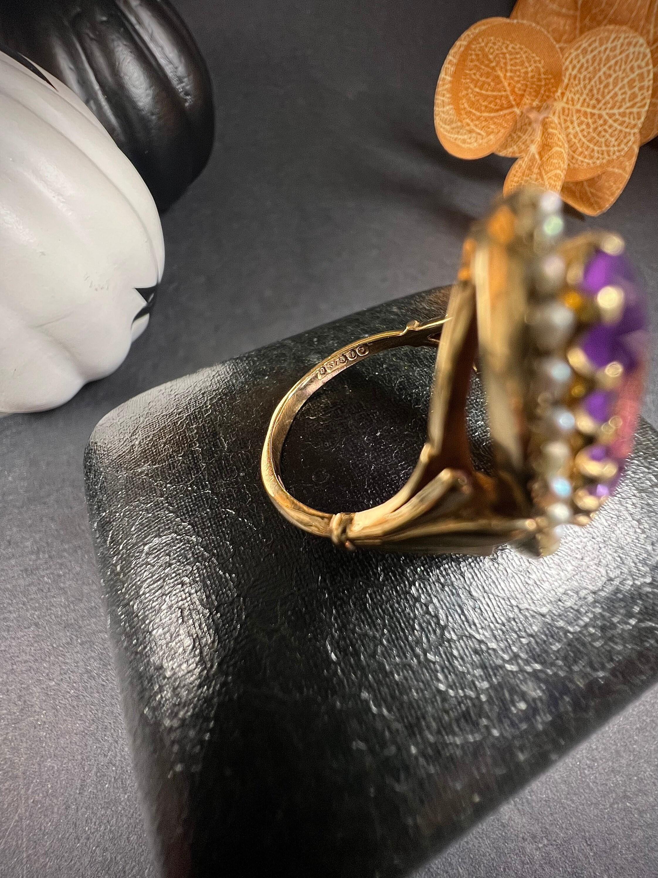 Vintage 9ct Gold Faceted Amethyst & Seed Pearl Ring For Sale 5