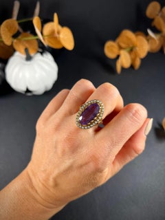 Vintage 9ct Gold Faceted Amethyst & Seed Pearl Ring