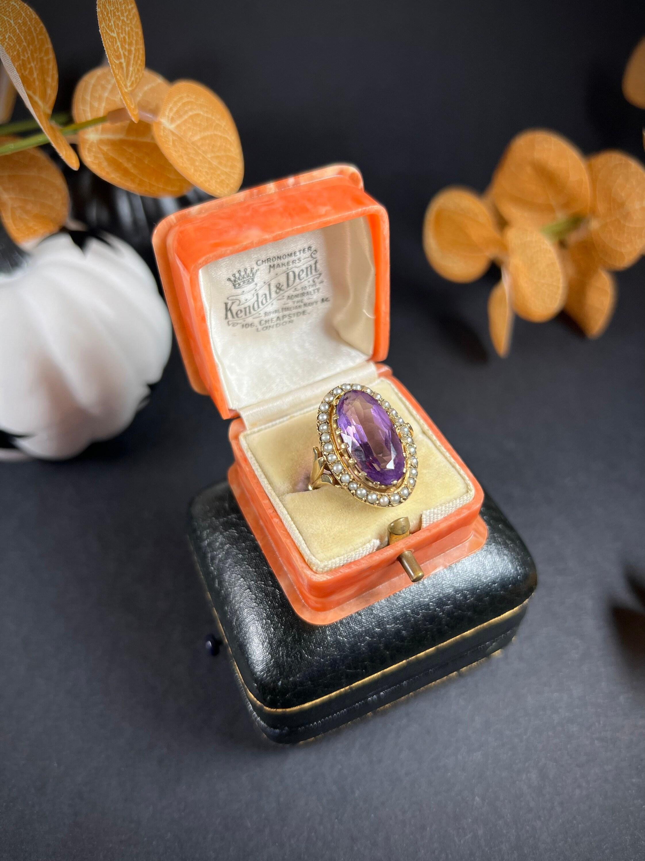 Vintage 9ct Gold Faceted Amethyst & Seed Pearl Ring For Sale 2