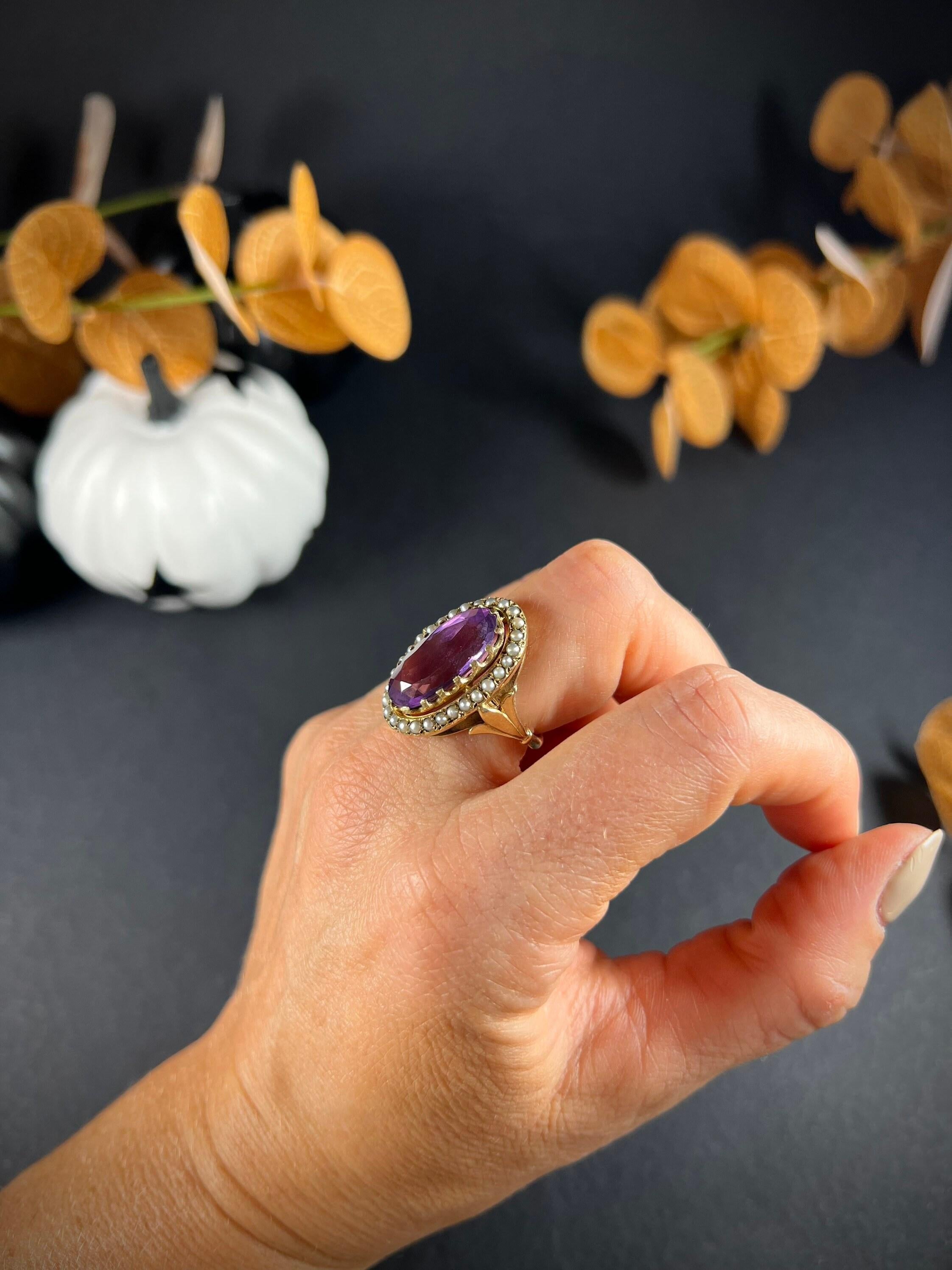 Vintage 9ct Gold Faceted Amethyst & Seed Pearl Ring For Sale 3