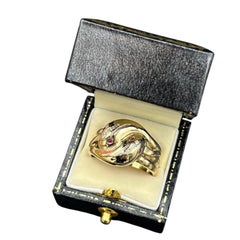 Vintage 9ct Gold, Hallmarked, London 1977, Double Headed Diamond Ruby Snake Ring