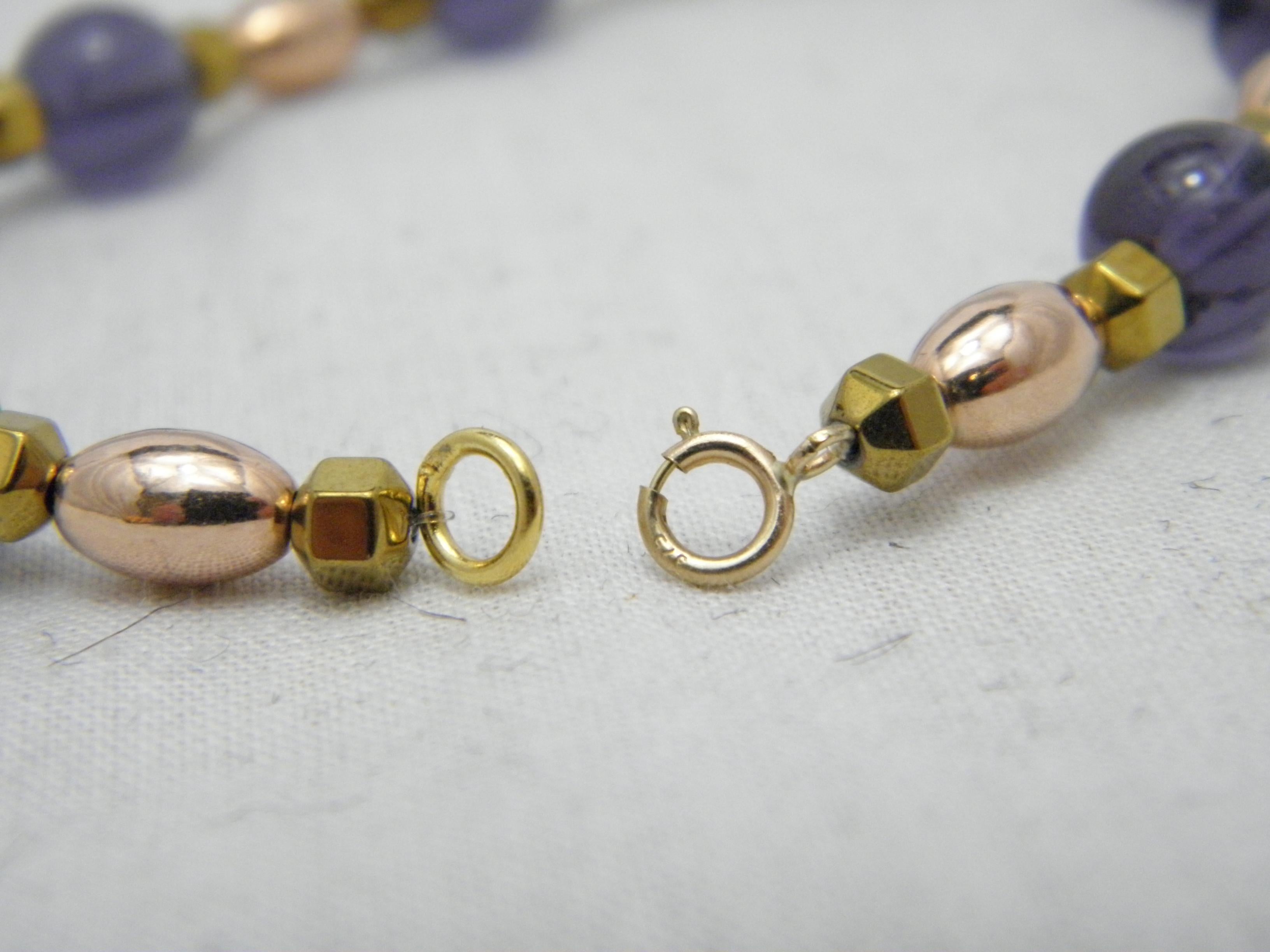 Contemporary Vintage 9ct Gold Heavy Amethyst Bracelet 375 Purity Round Bead 9.9g For Sale