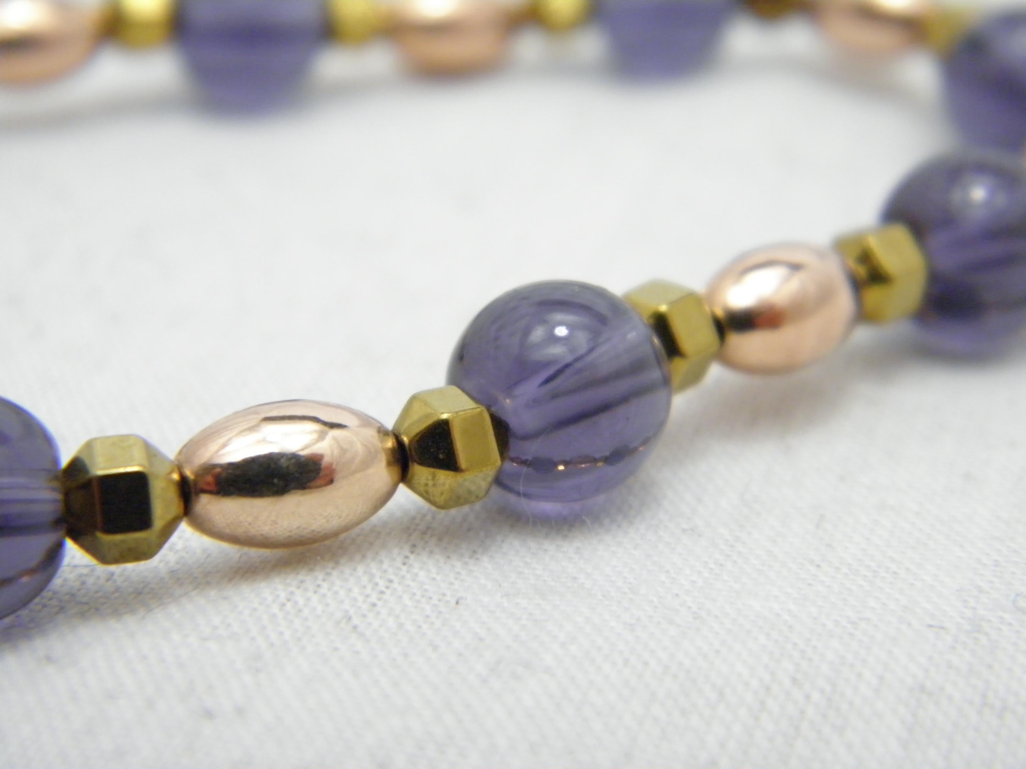 Vintage 9ct Gold Heavy Amethyst Bracelet 375 Purity Round Bead 9.9g In Good Condition For Sale In Camelford, GB