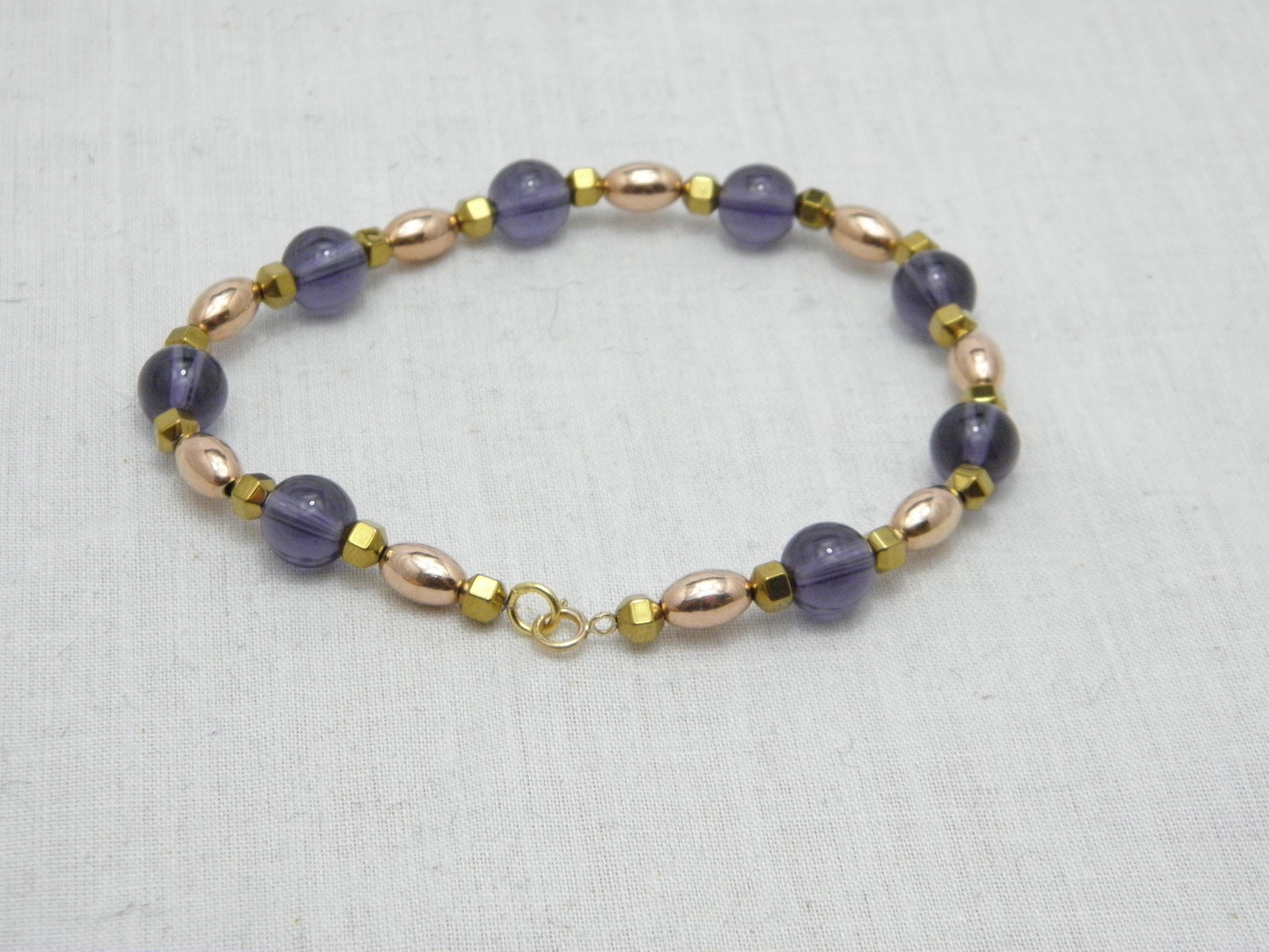 Vintage 9ct Gold Heavy Amethyst Bracelet 375 Purity Round Bead 9.9g For Sale 1