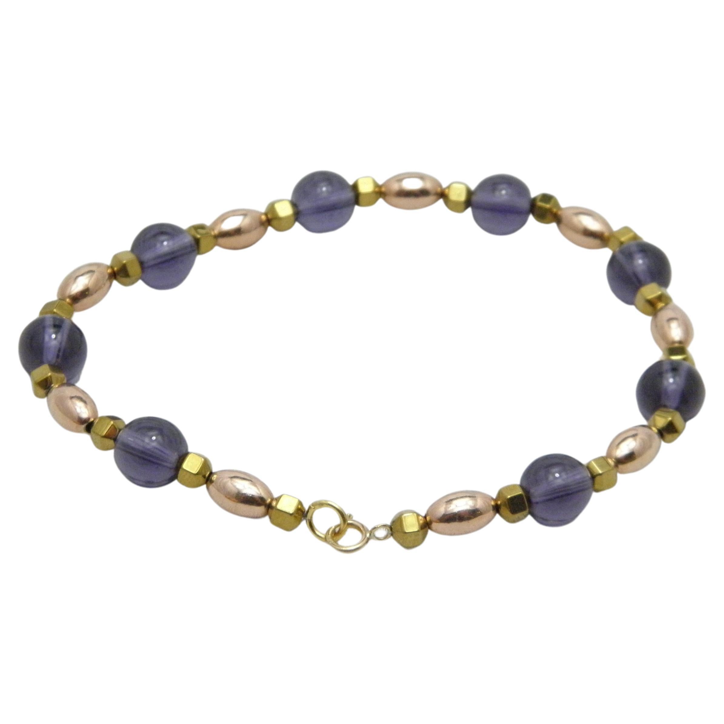 Vintage 9ct Gold Heavy Amethyst Bracelet 375 Purity Round Bead 9.9g For Sale