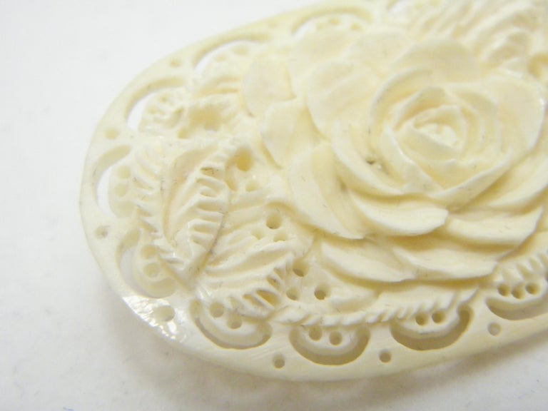 Vintage 9ct Gold Large Carved Bone Rose Brooch Pin c1970s 375 Purity ...