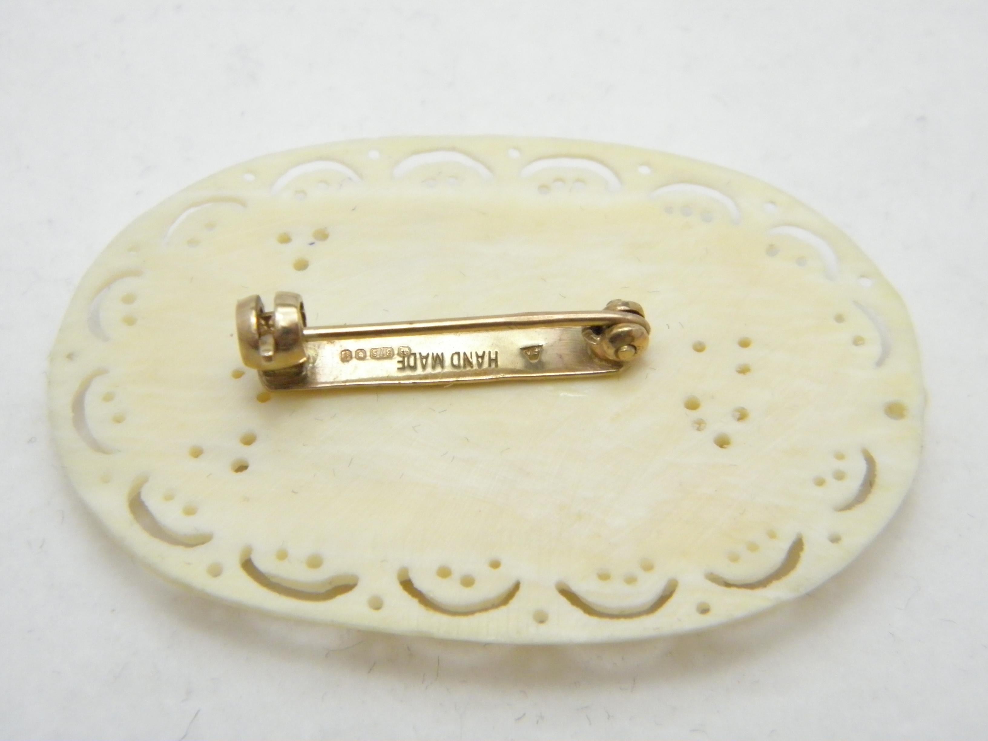 Vintage 9ct Gold Large Carved Bone Rose Brooch Pin c1970s 375 Purity Handmade For Sale 1