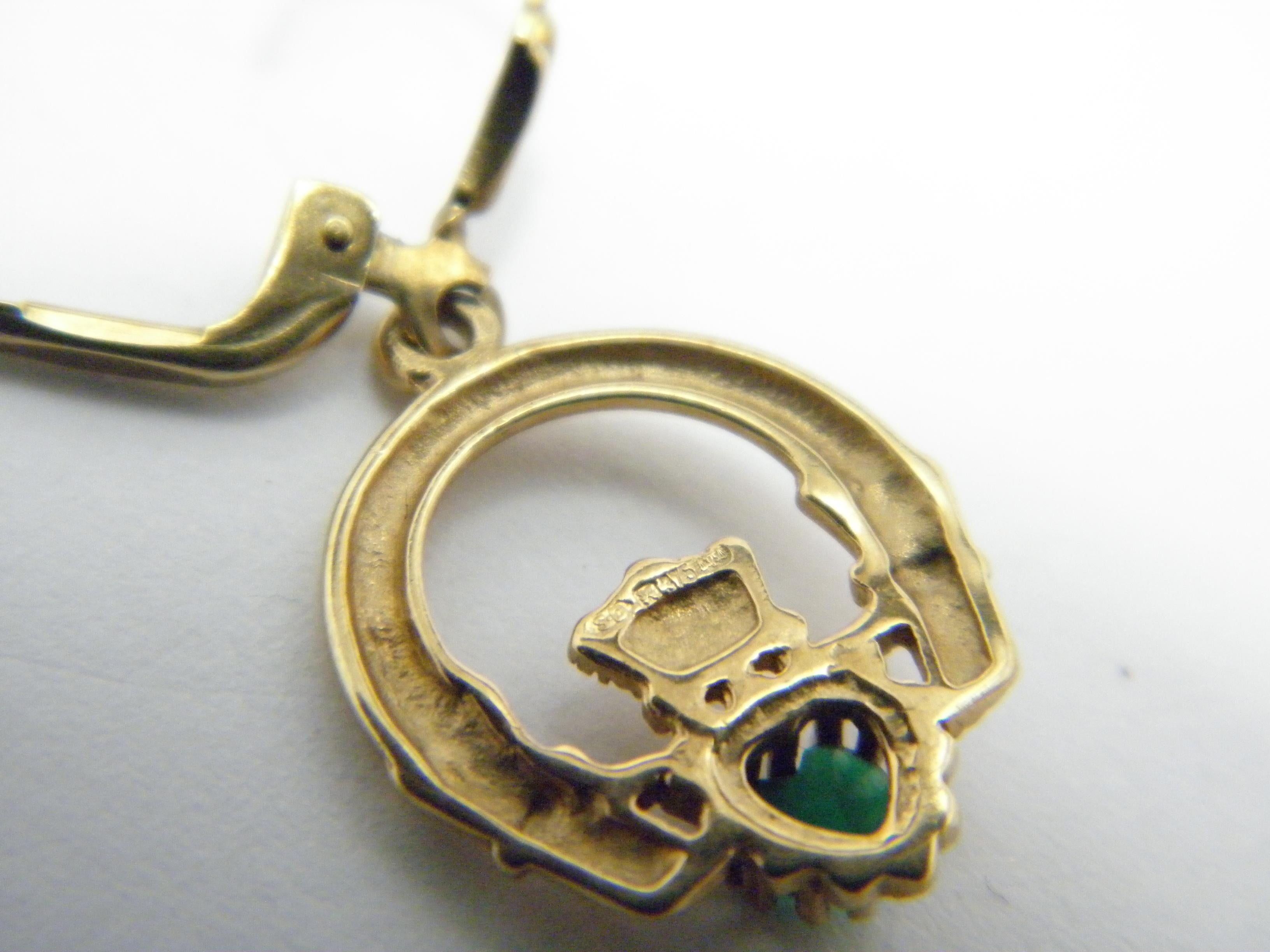Vintage 9ct Gold Large Emerald Claddagh Drop Dangle Earrings 375 Purity VGC For Sale 3