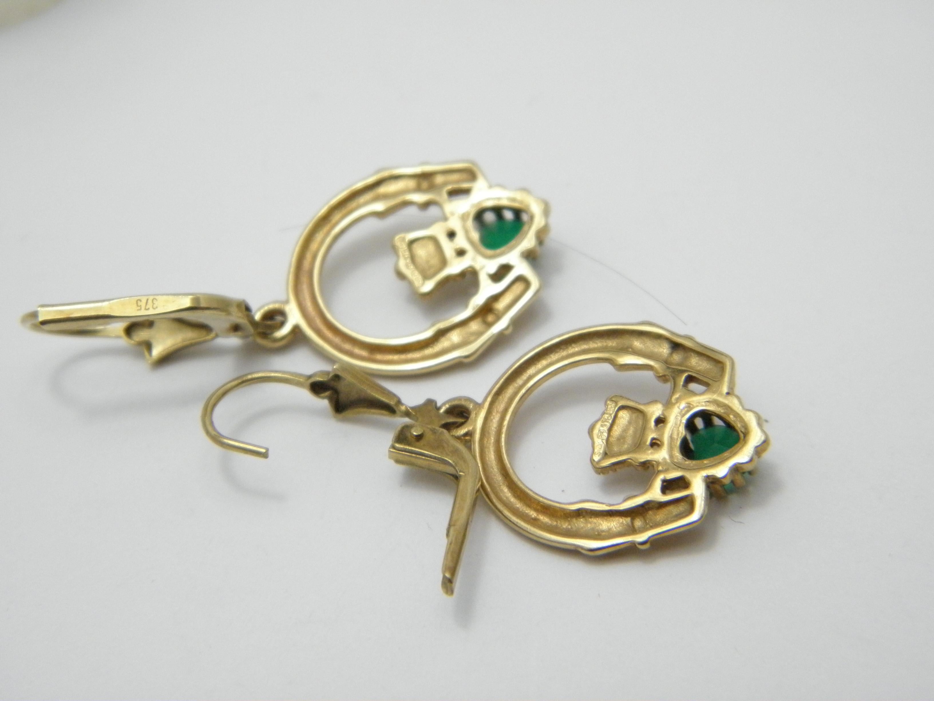 Vintage 9ct Gold Large Emerald Claddagh Drop Dangle Earrings 375 Purity VGC For Sale 4