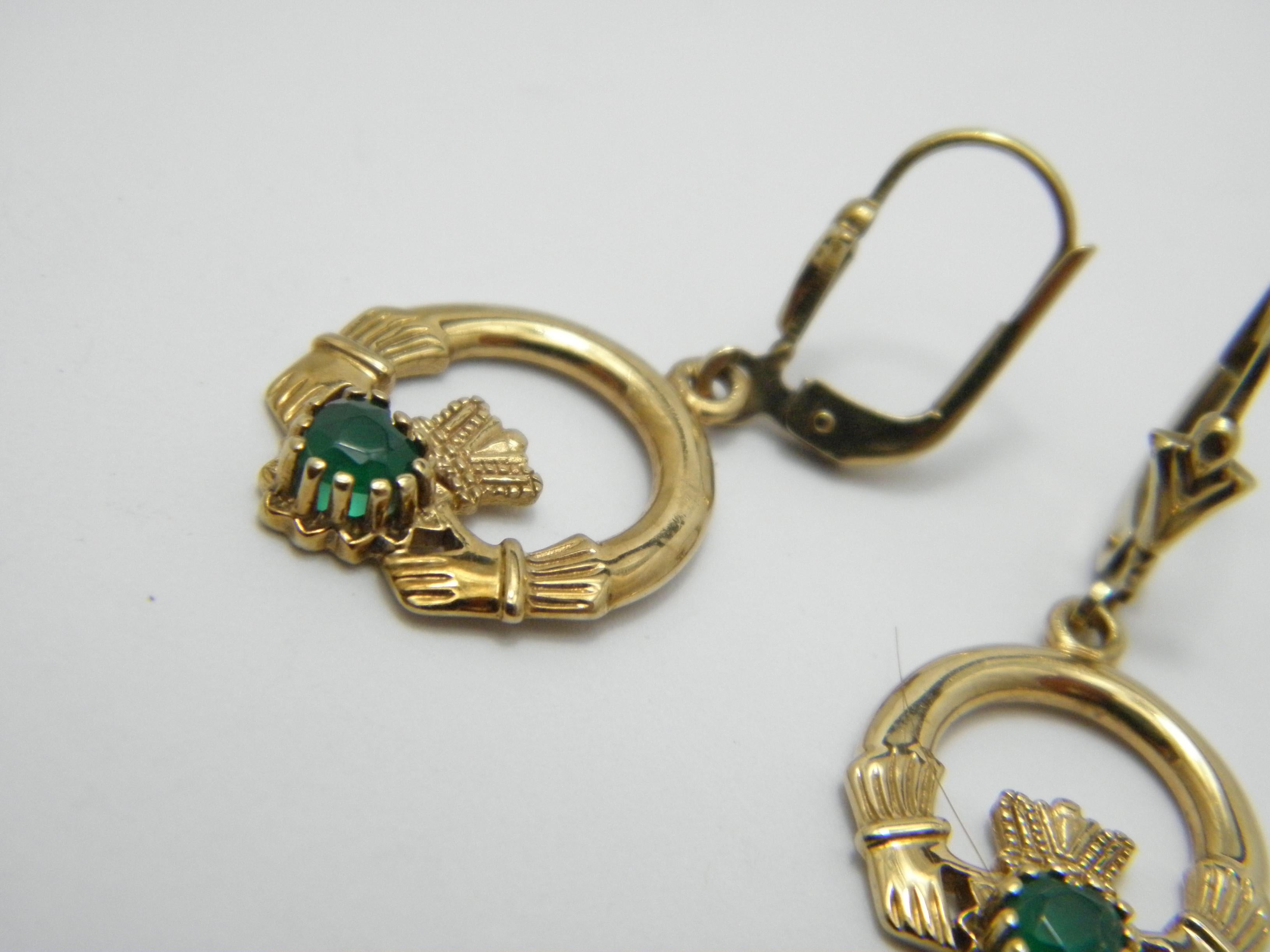 Heart Cut Vintage 9ct Gold Large Emerald Claddagh Drop Dangle Earrings 375 Purity VGC For Sale