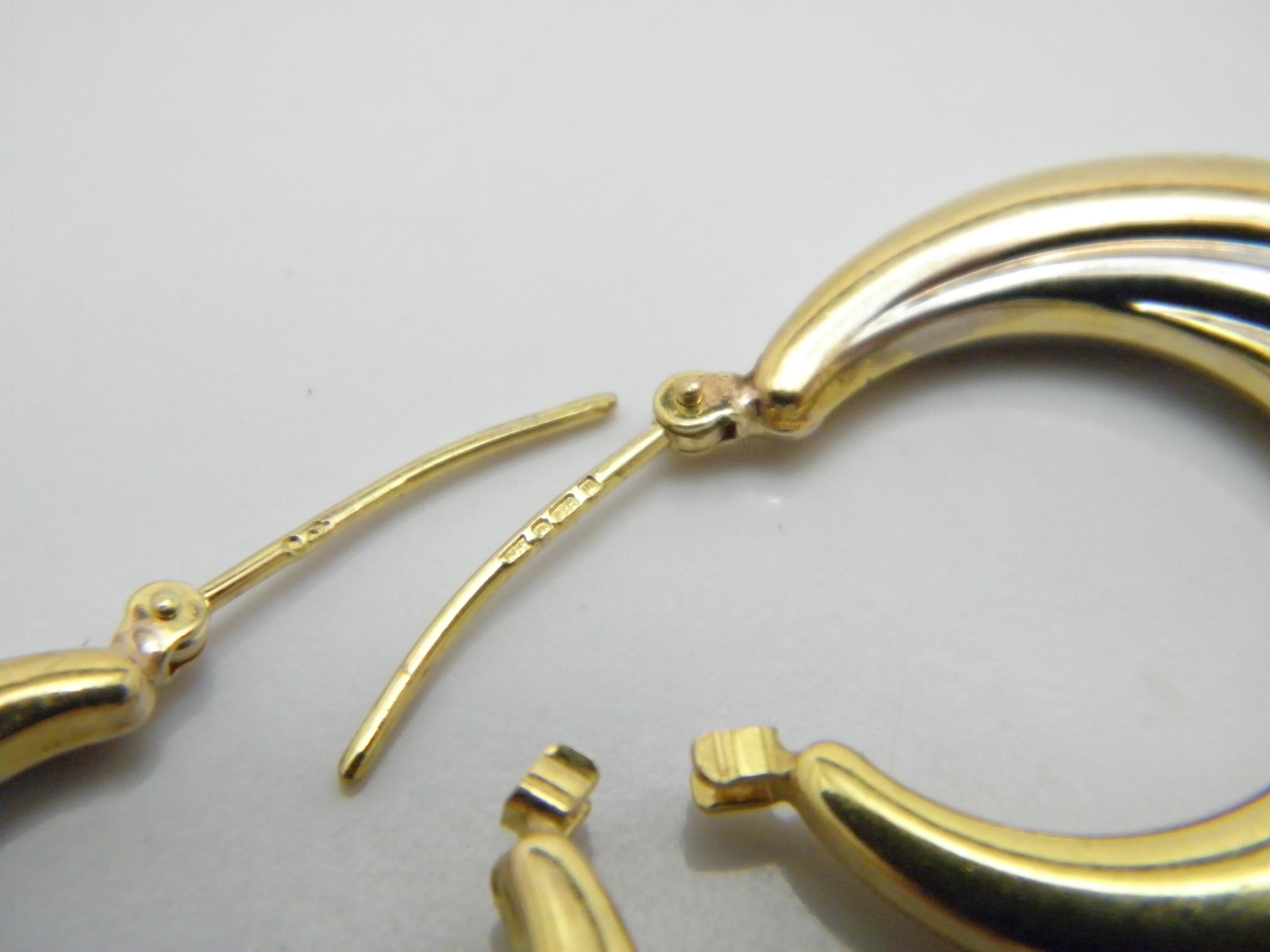 Vintage 9ct Gold Large Hoop Dangle Earrings 3 Tone 375 Purity Huggie Creole For Sale 5