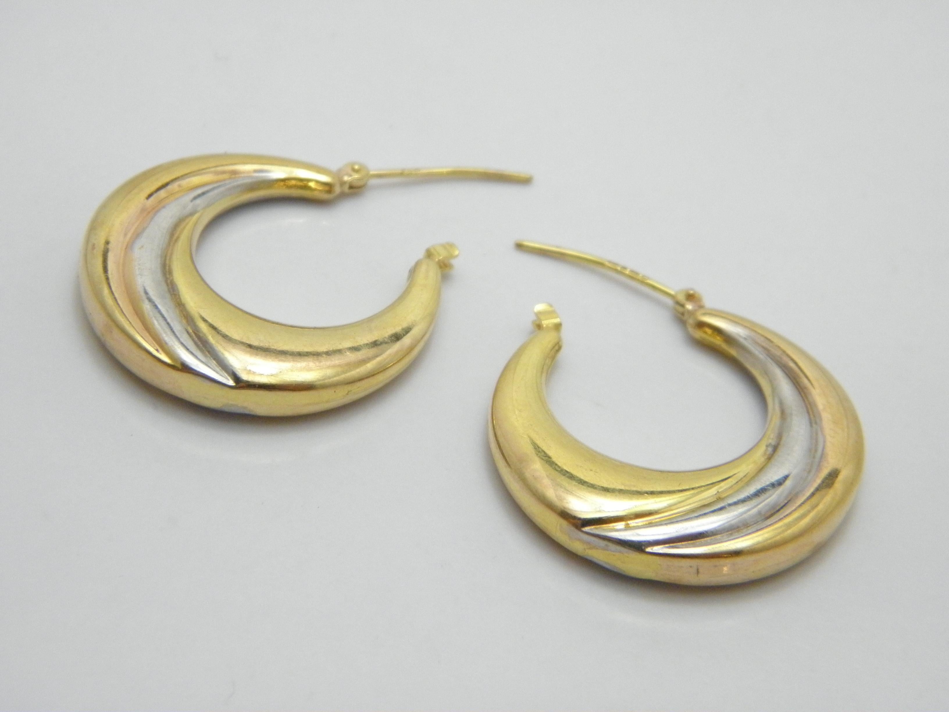 Vintage 9ct Gold Large Hoop Dangle Earrings 3 Tone 375 Purity Huggie Creole For Sale 6