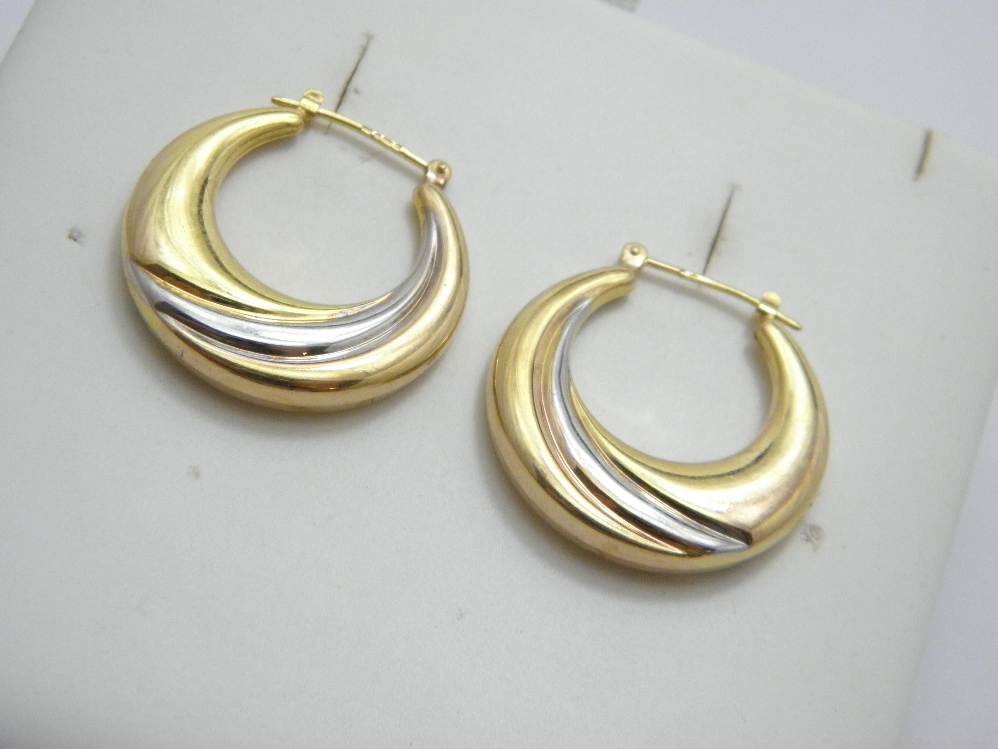 A very special item for you to consider:

9CT 3 TONE GOLD LARGE HOOP DANGLE EARRINGS

DETAILS
Material: 375/1000 9ct Solid Gold (Yellow with white and rose accents)
Style: Detailed hoop / dangle earrings with classic Huggie design
Fastening: Lever