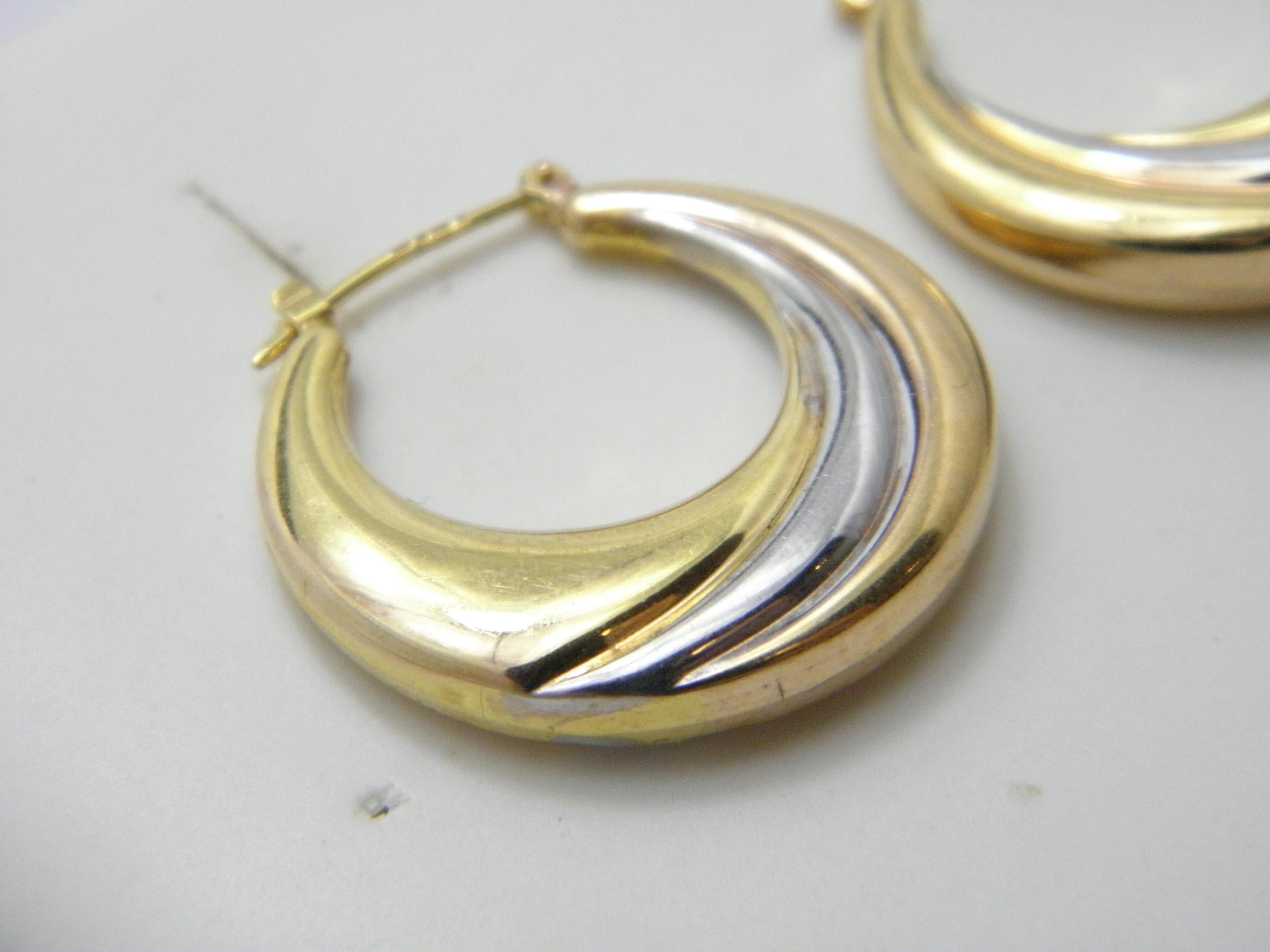 Vintage 9ct Gold Large Hoop Dangle Earrings 3 Tone 375 Purity Huggie Creole In Good Condition For Sale In Camelford, GB