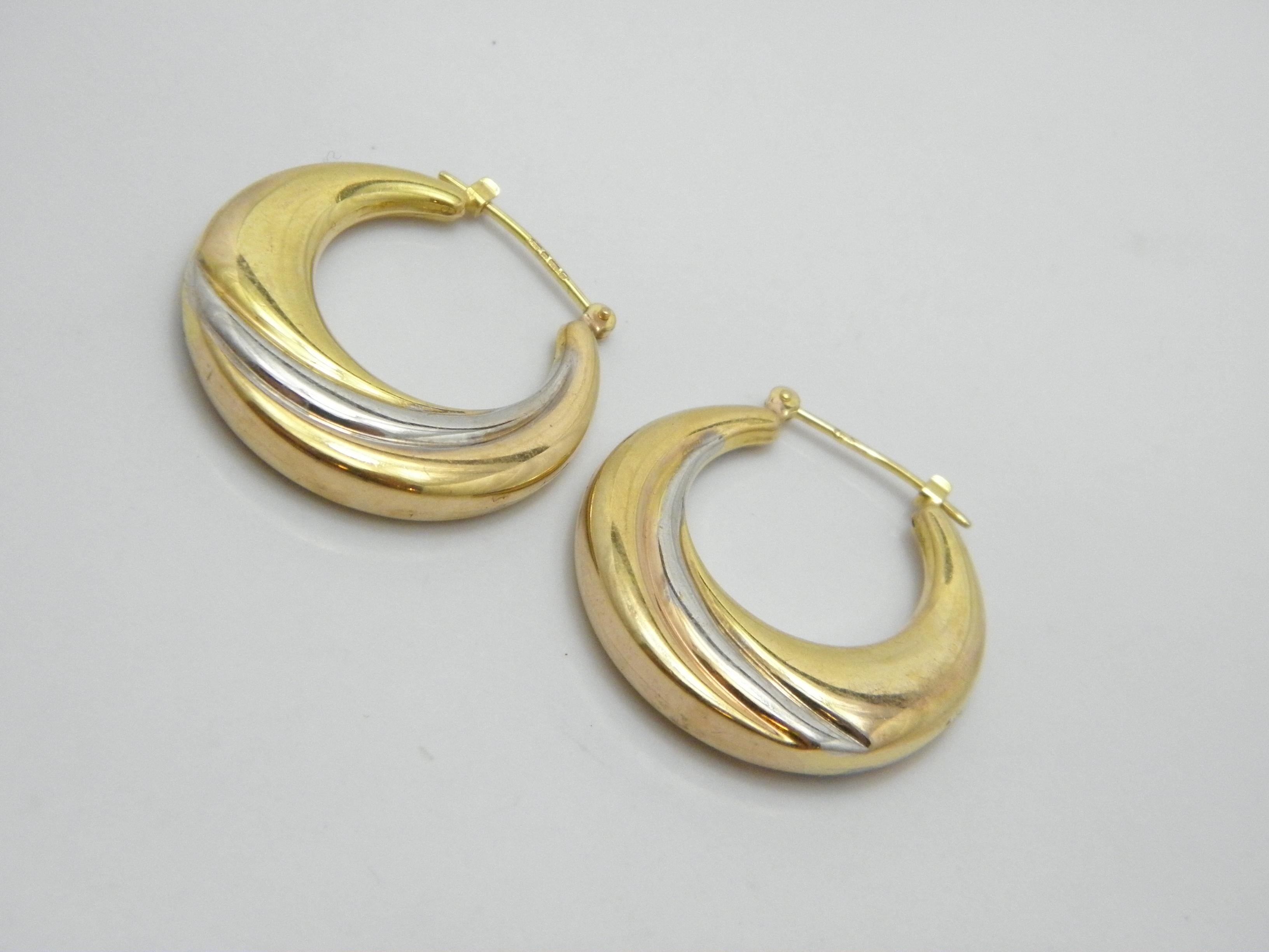 Women's or Men's Vintage 9ct Gold Large Hoop Dangle Earrings 3 Tone 375 Purity Huggie Creole For Sale