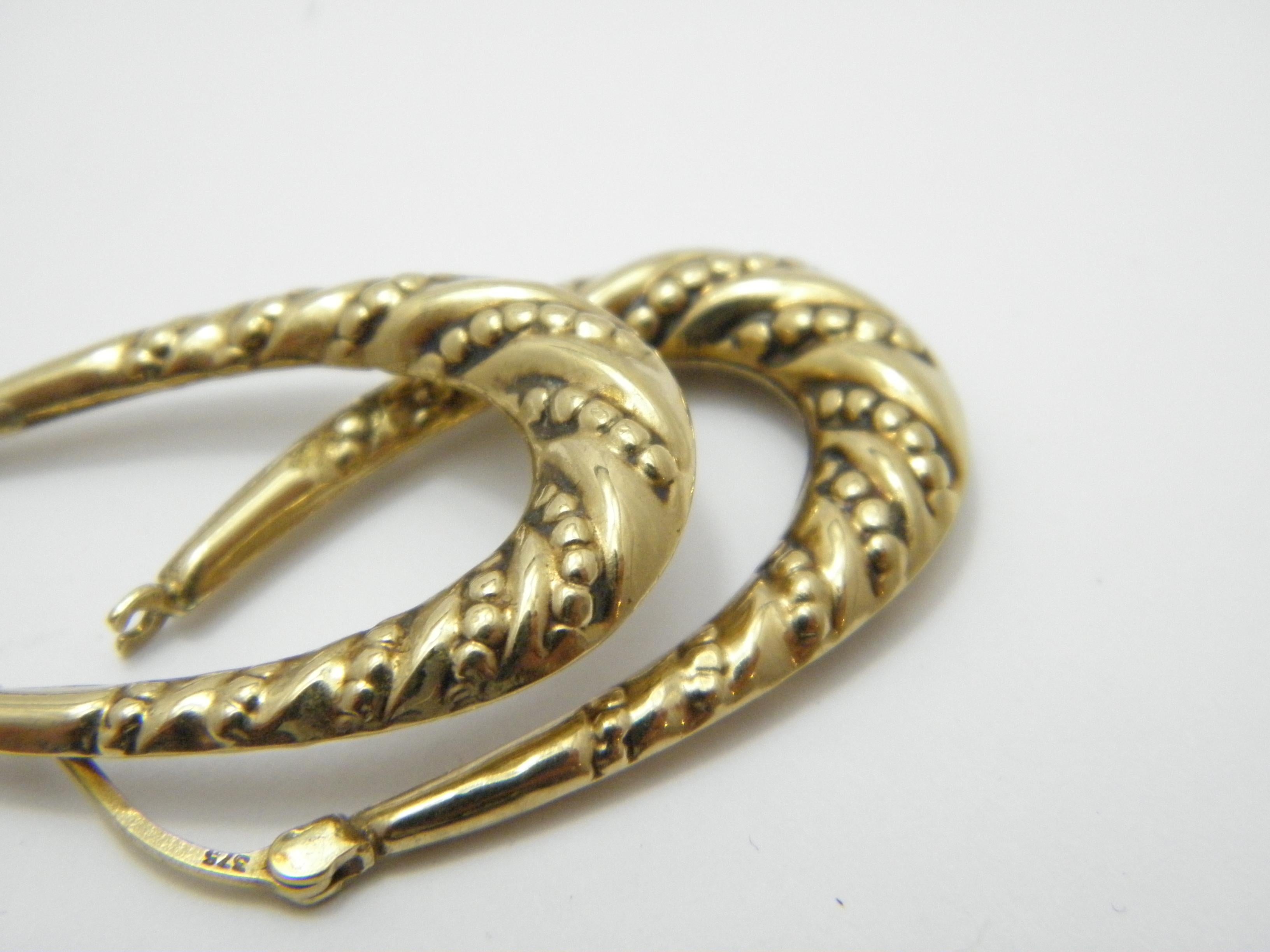 Vintage 9ct Gold Large Huggie Hoop Earrings 375 Purity Drop Creole For Sale 3