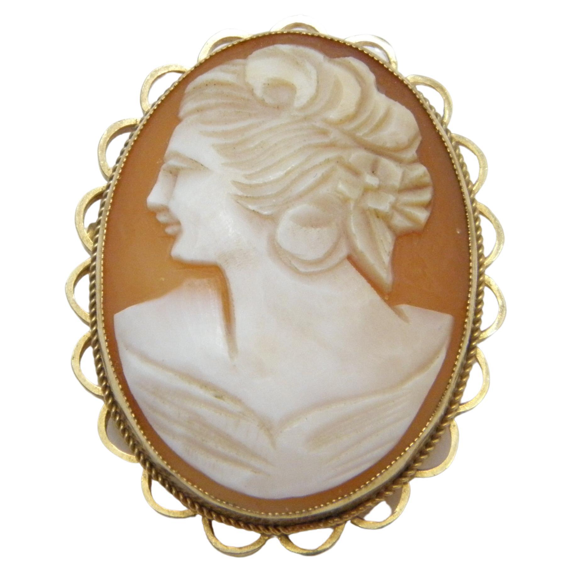 Vintage 9ct Gold Large Shell Cameo Brooch Pin c1946 Heavy 6.6g 375 Purity For Sale