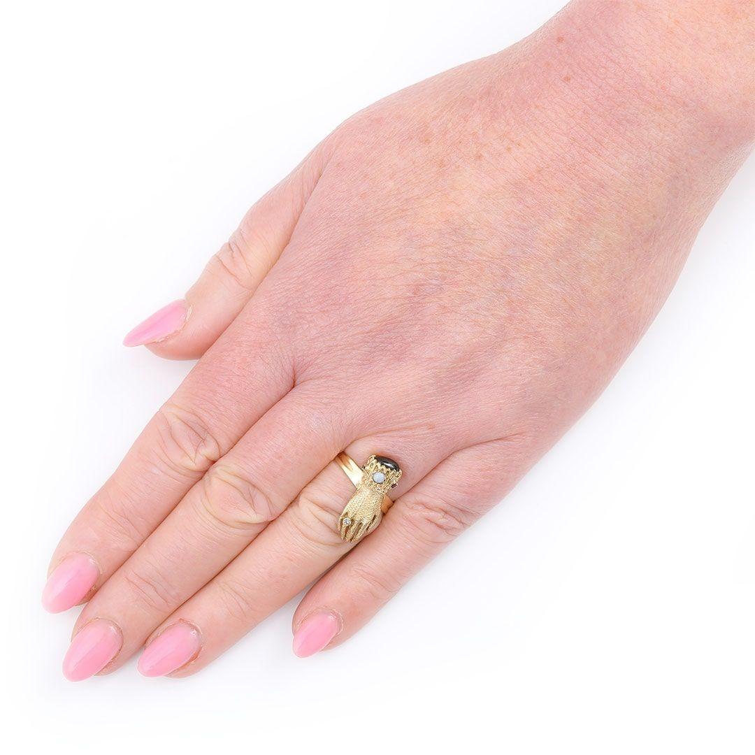 Vintage 9 Carat Gold Opal, Garnet, Ruby and Diamond Hand Ring, circa 1973 3