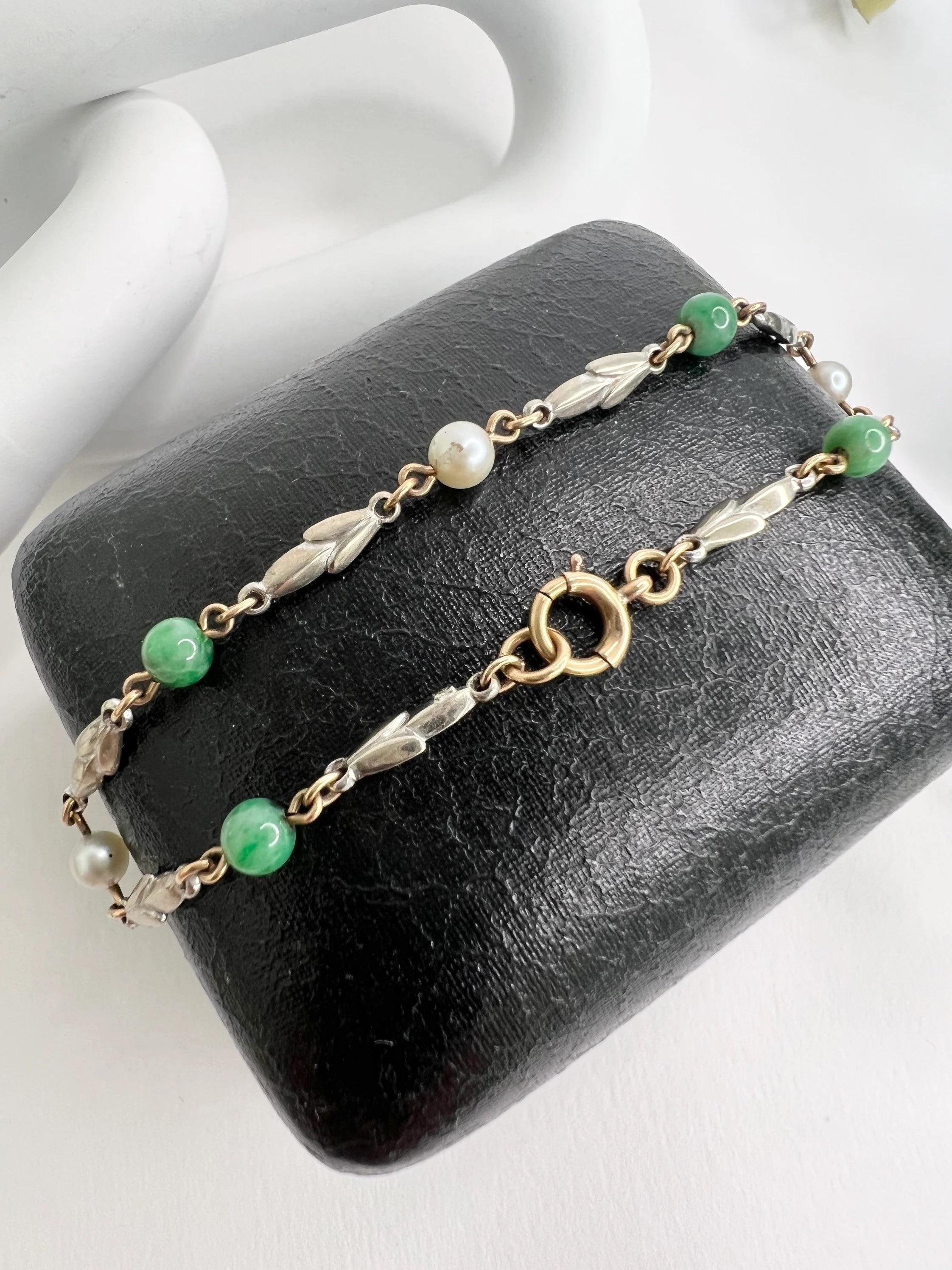 Armband aus 9 Karat Gold, Perlen und Jadeit, Vintage im Angebot 5