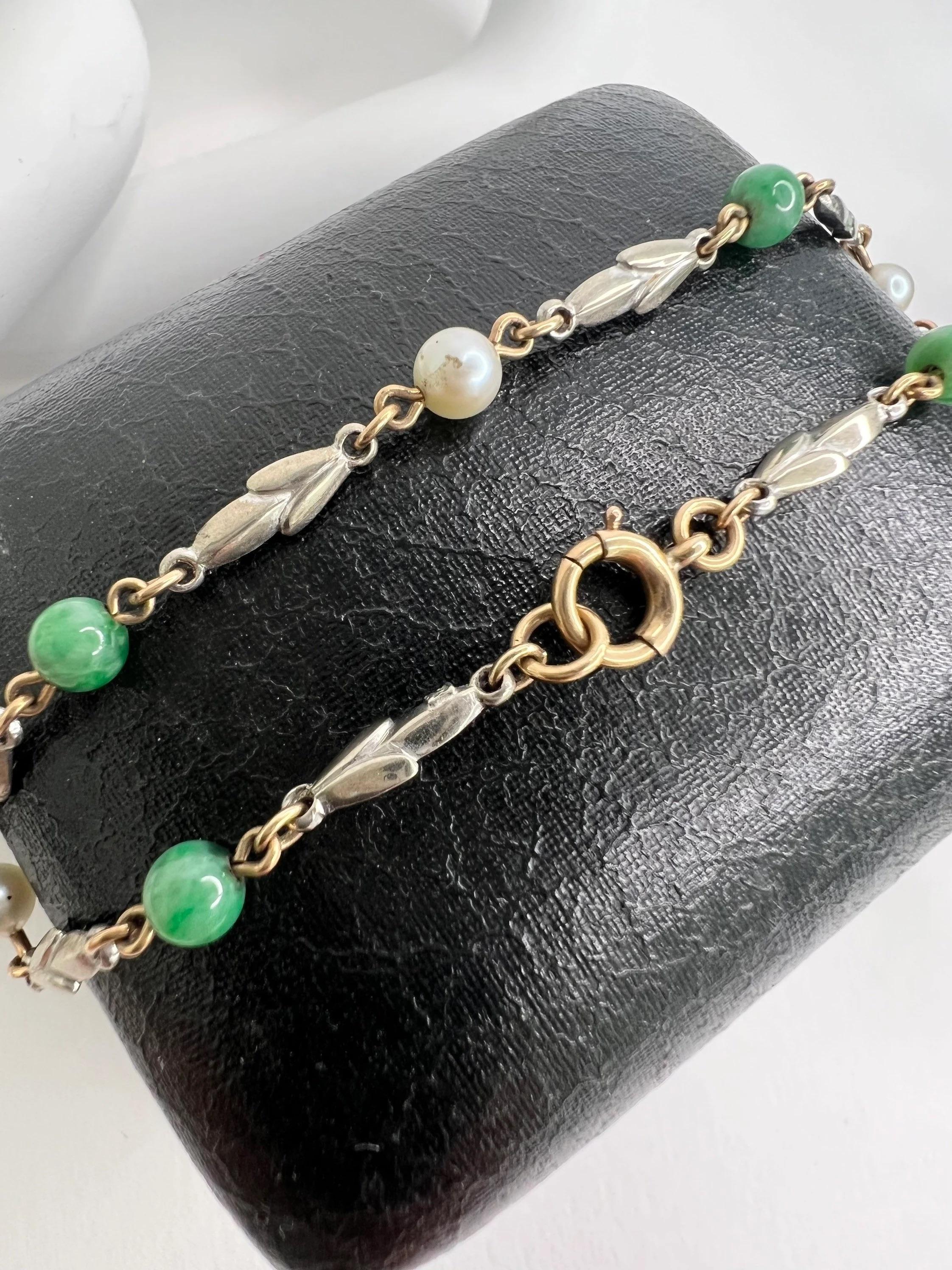 Vintage 9ct Gold, Pearl & Jadeite Bracelet For Sale 4