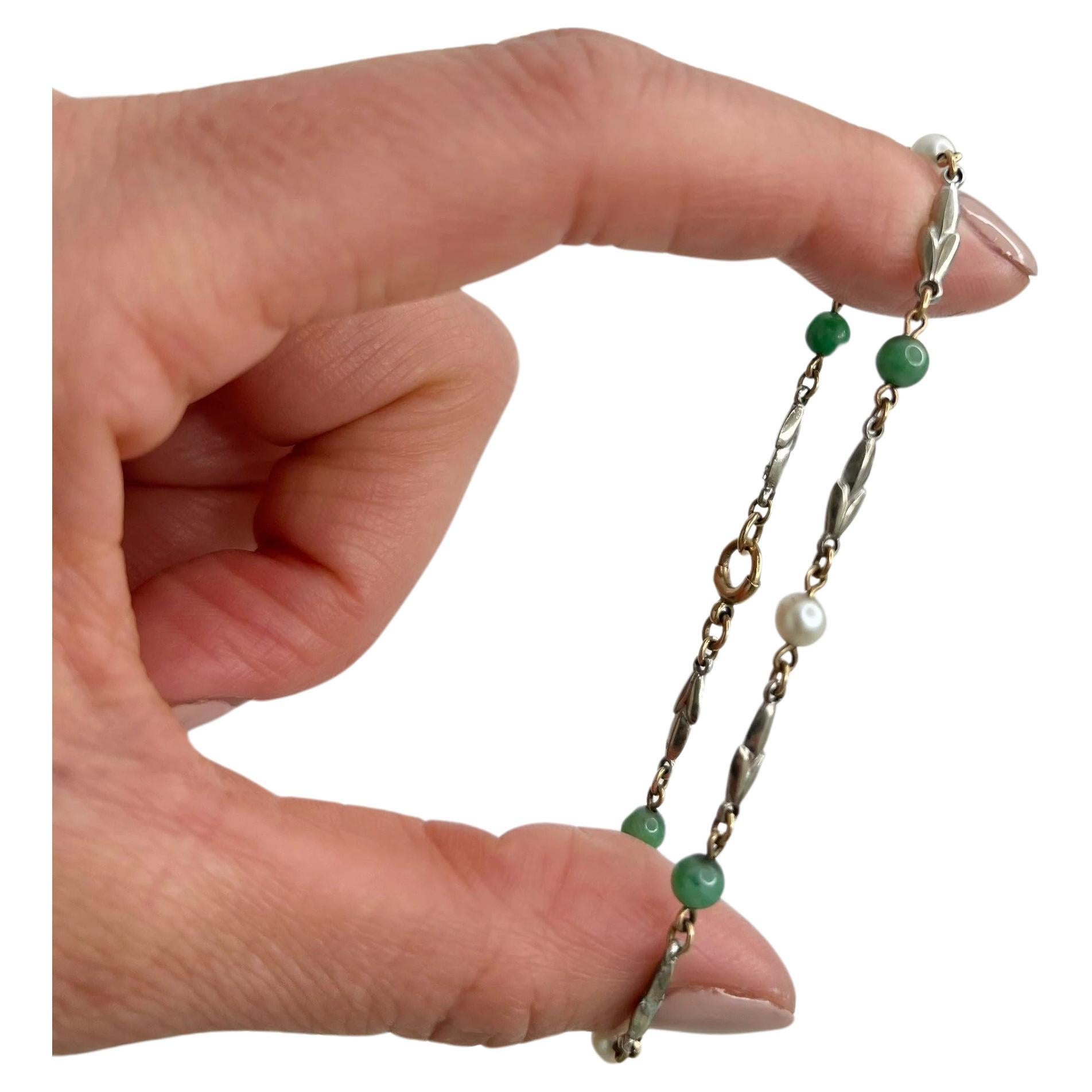 Vintage 9ct Gold, Pearl & Jadeite Bracelet For Sale