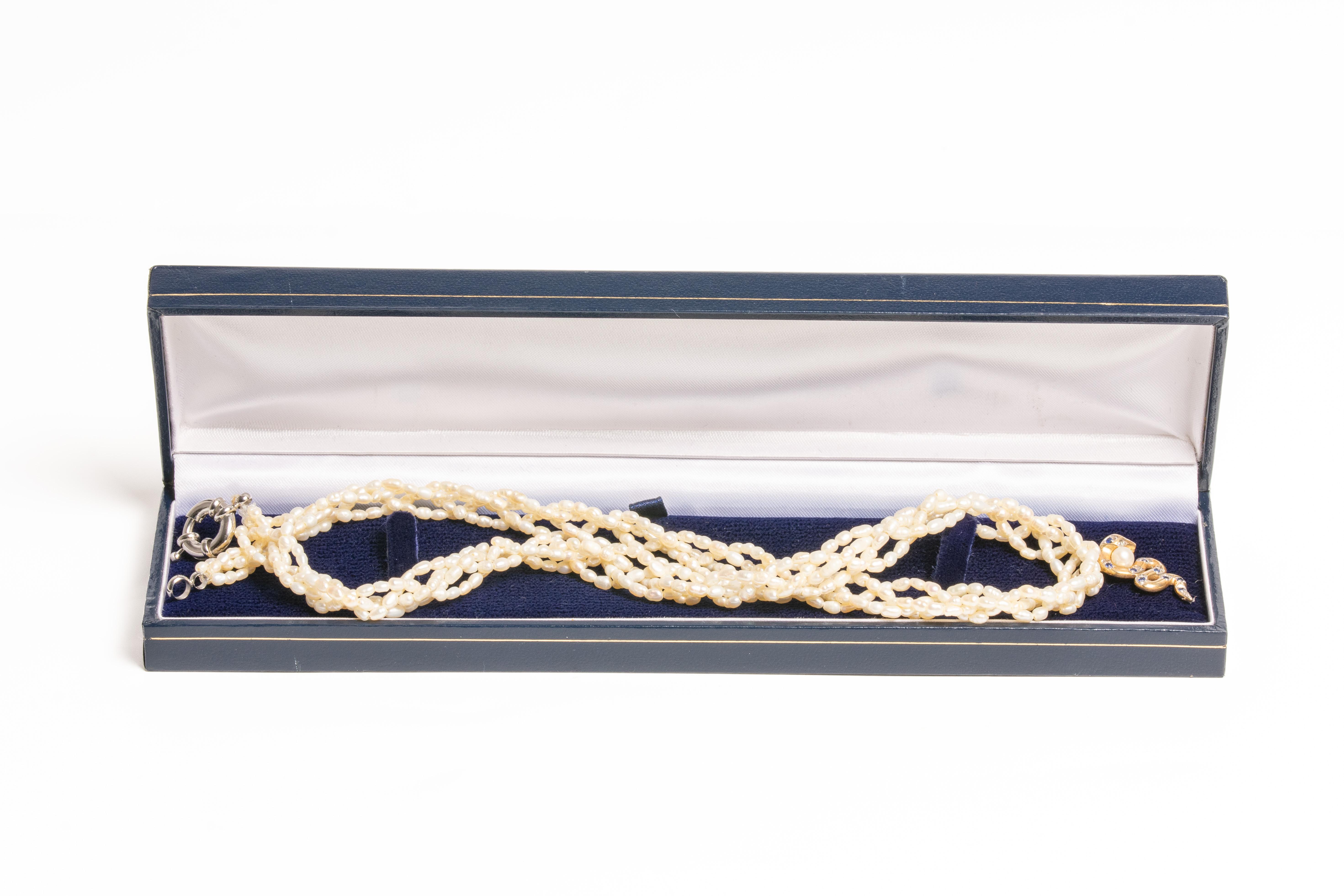 A 9ct Gold Sapphire and Diamond Snake Pearl Necklace For Sale 5
