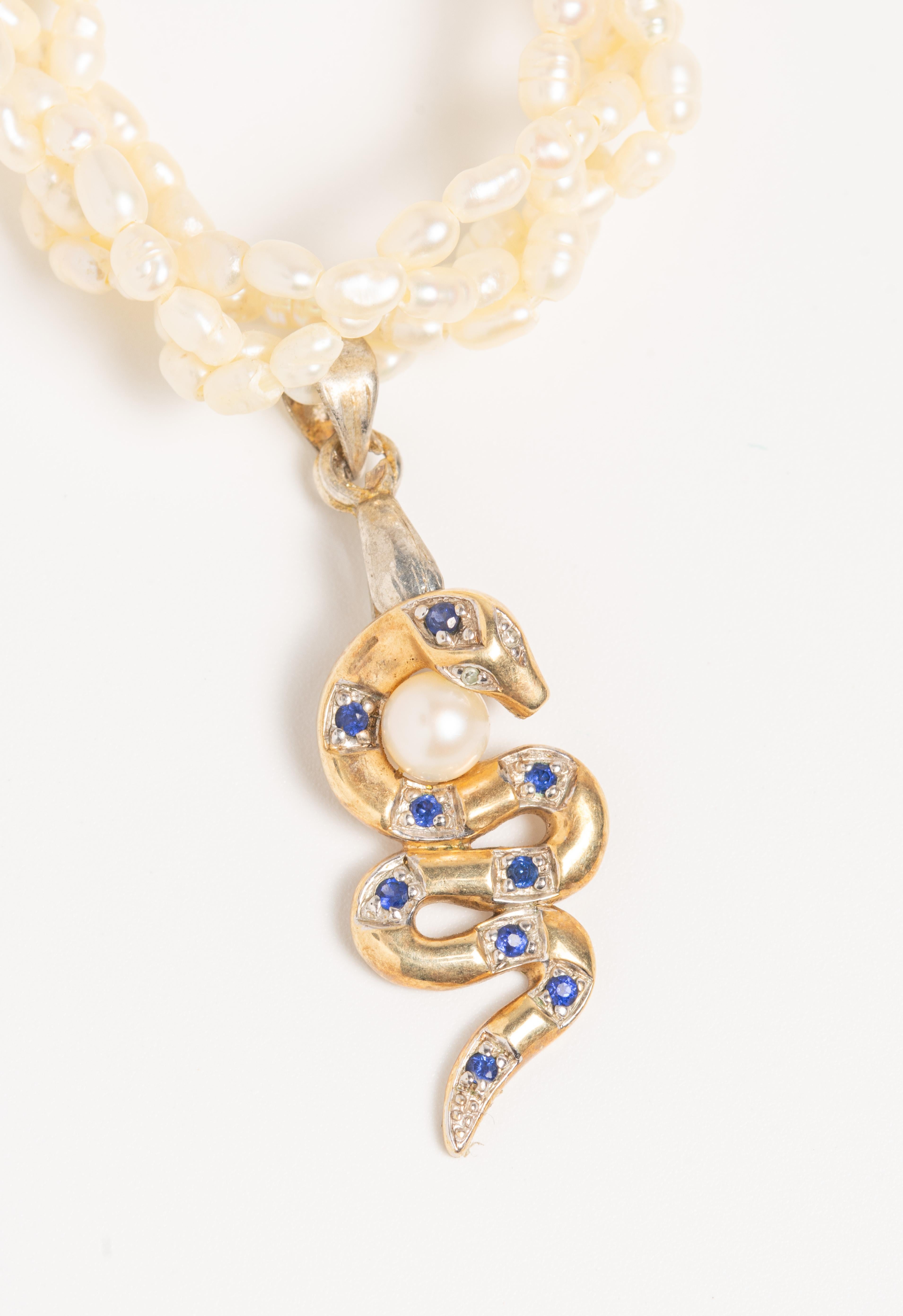 Women's A 9ct Gold Sapphire and Diamond Snake Pearl Necklace For Sale