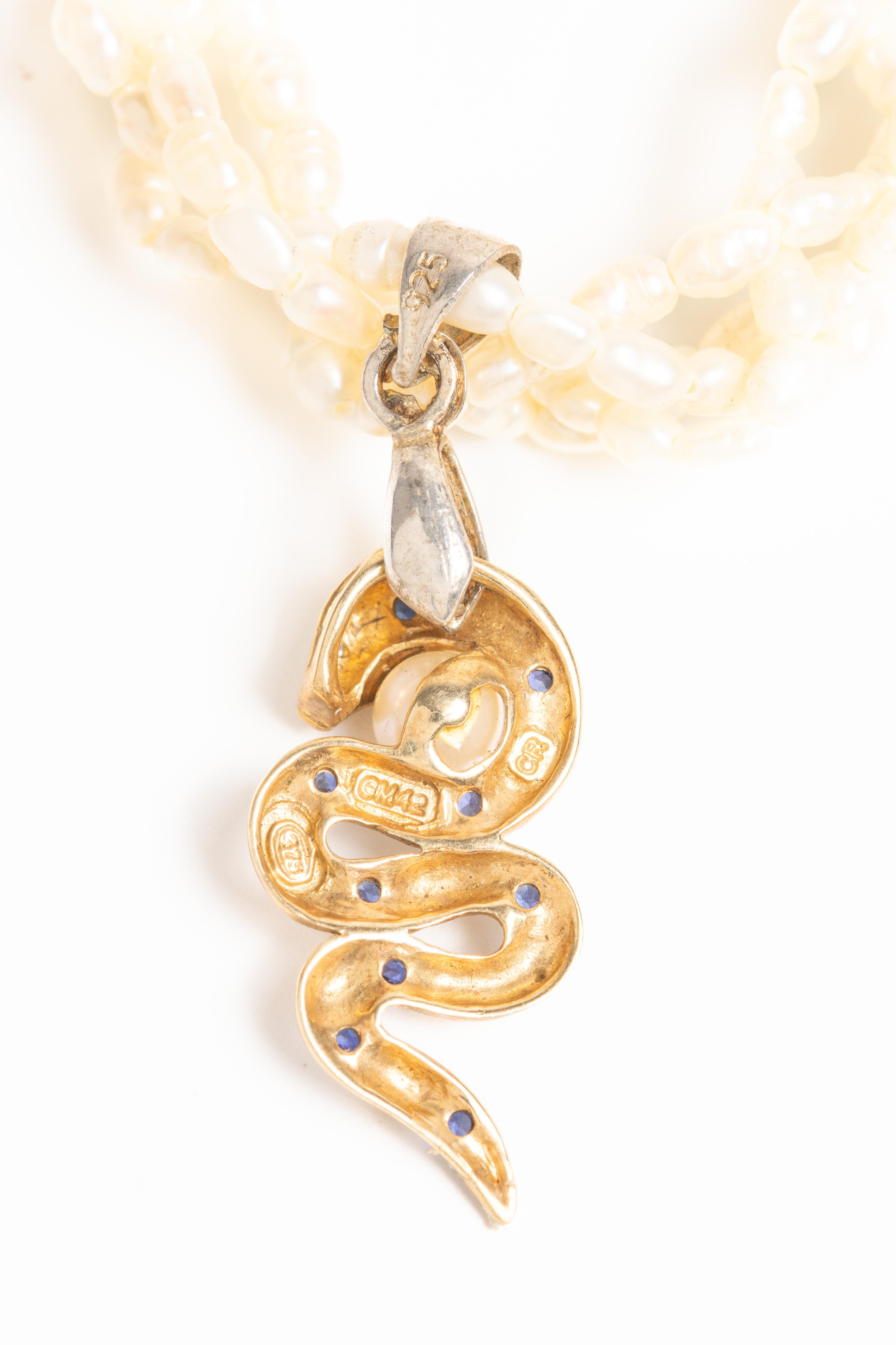 A 9ct Gold Sapphire and Diamond Snake Pearl Necklace For Sale 3